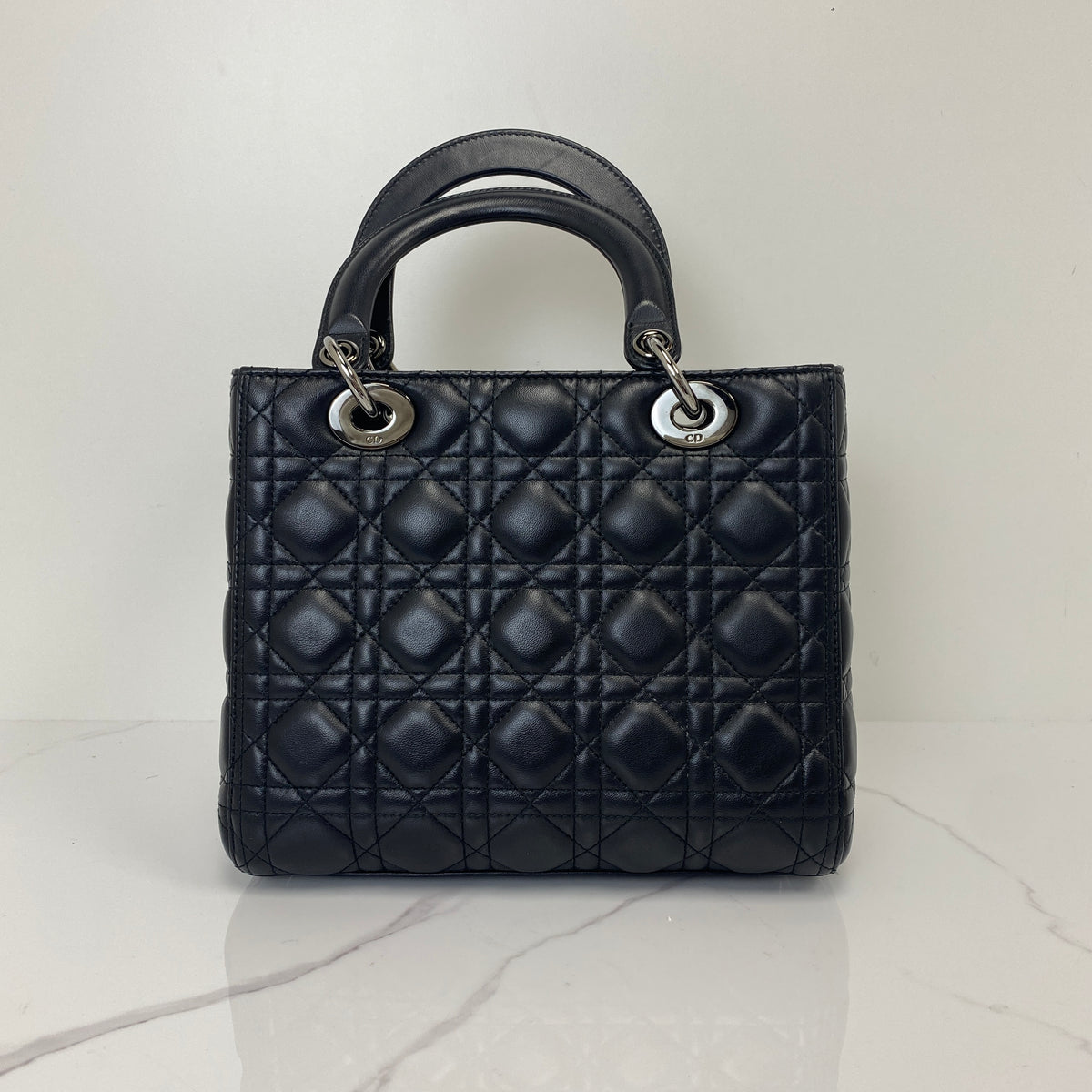 Christian Dior Medium Lady Dior, black Cannage lambskin, So Black hardware — detail view 3
