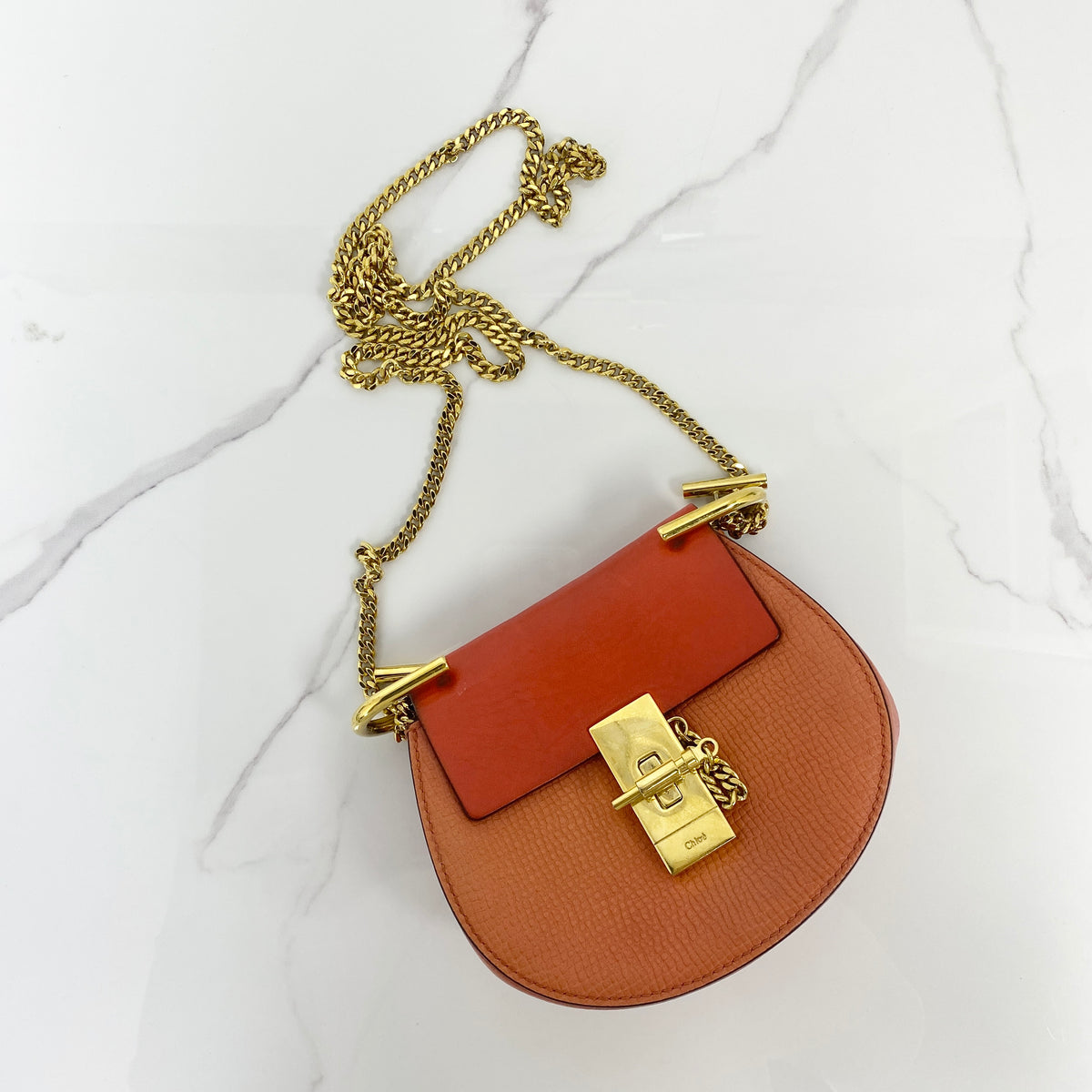 Chloé Nano Drew Bag, orange grained lambskin, gold-tone hardware — front view