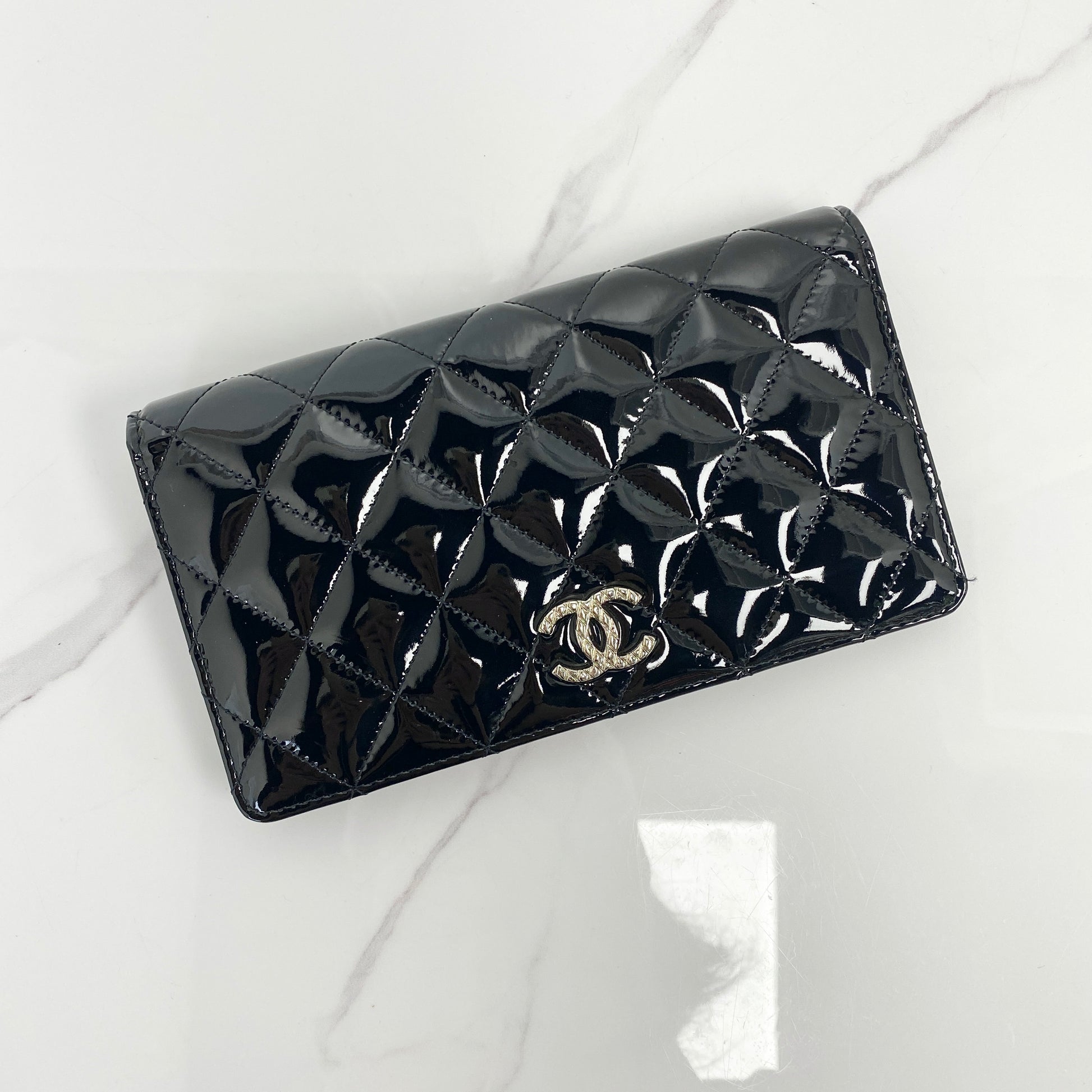 Chanel CC Logo Quilted Long Wallet in black patent leather