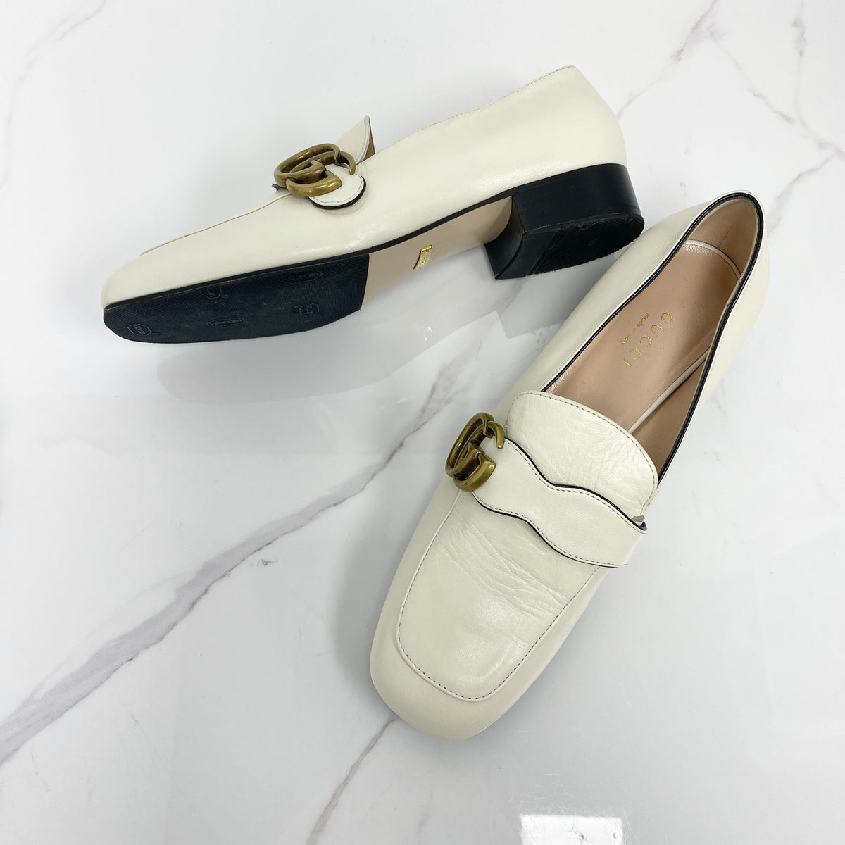 Gucci Double G Loafers White, White Leather, Gold Tone — front view