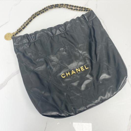 Chanel Small 22 Bag Black Shiny Calfskin, Black Shiny Calfskin, Gold Tone — front view