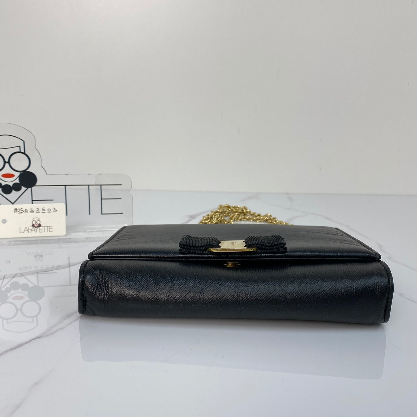 Salvatore Ferragamo Vara Bow Chain Bag, black calfskin, gold-tone Vara bow — detail view 4