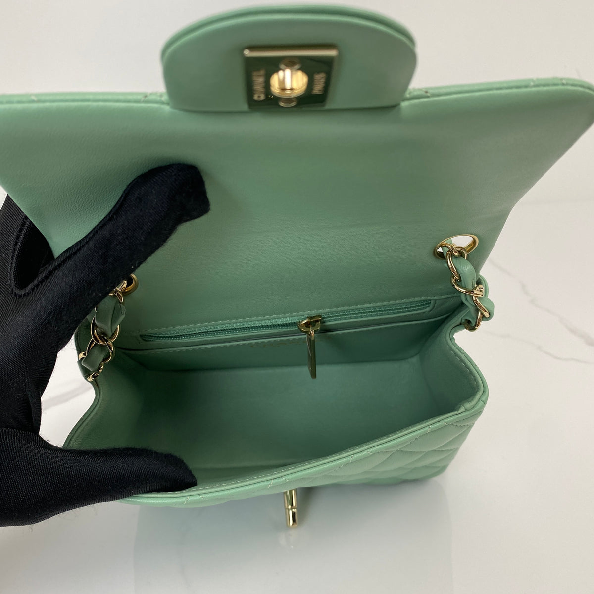 Chanel Classic Mini Flap Bag, mint green lambskin, gold-tone hardware — detail view 5