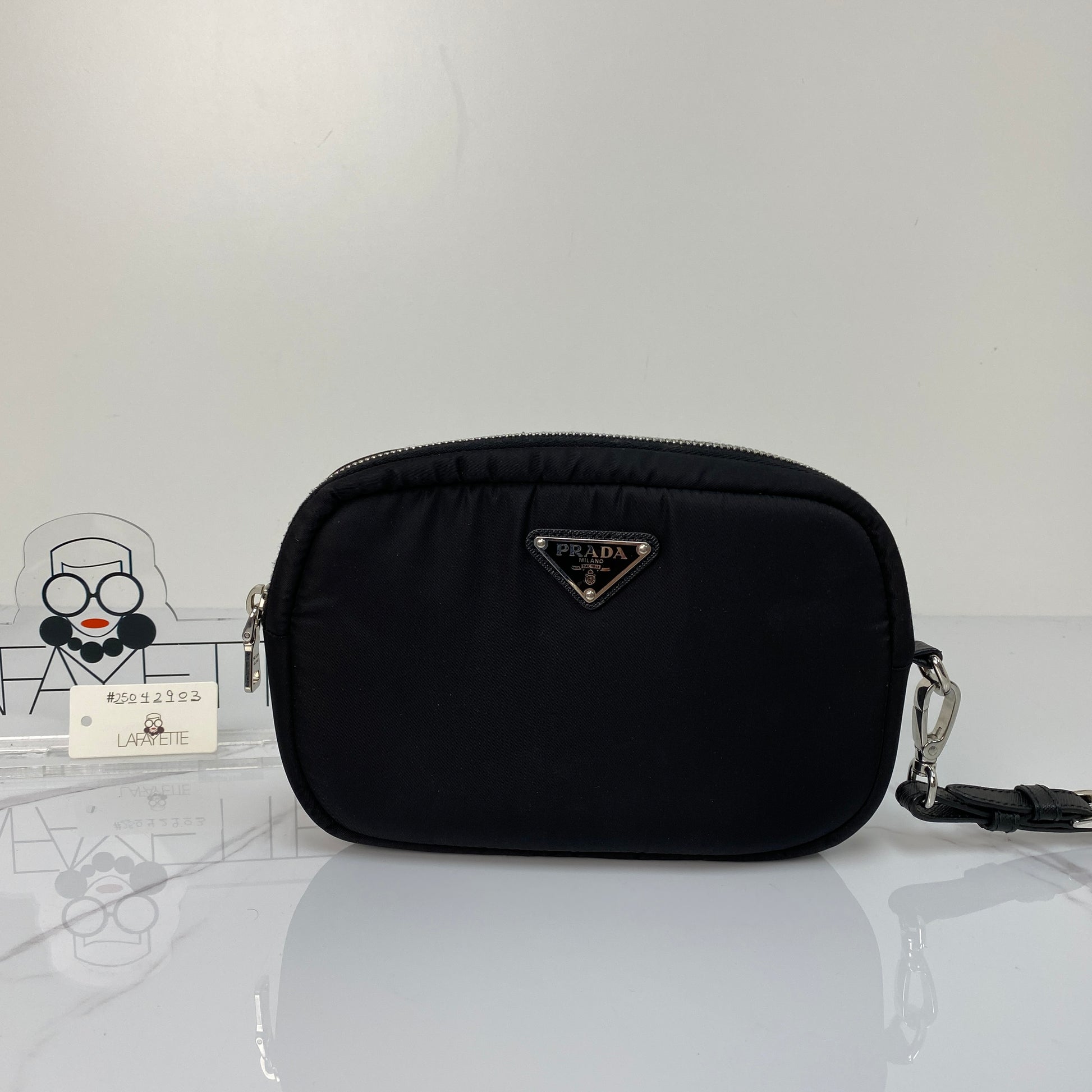 Prada Re-Nylon Pouch, black Re-Nylon, silver-tone hardware — detail view 1