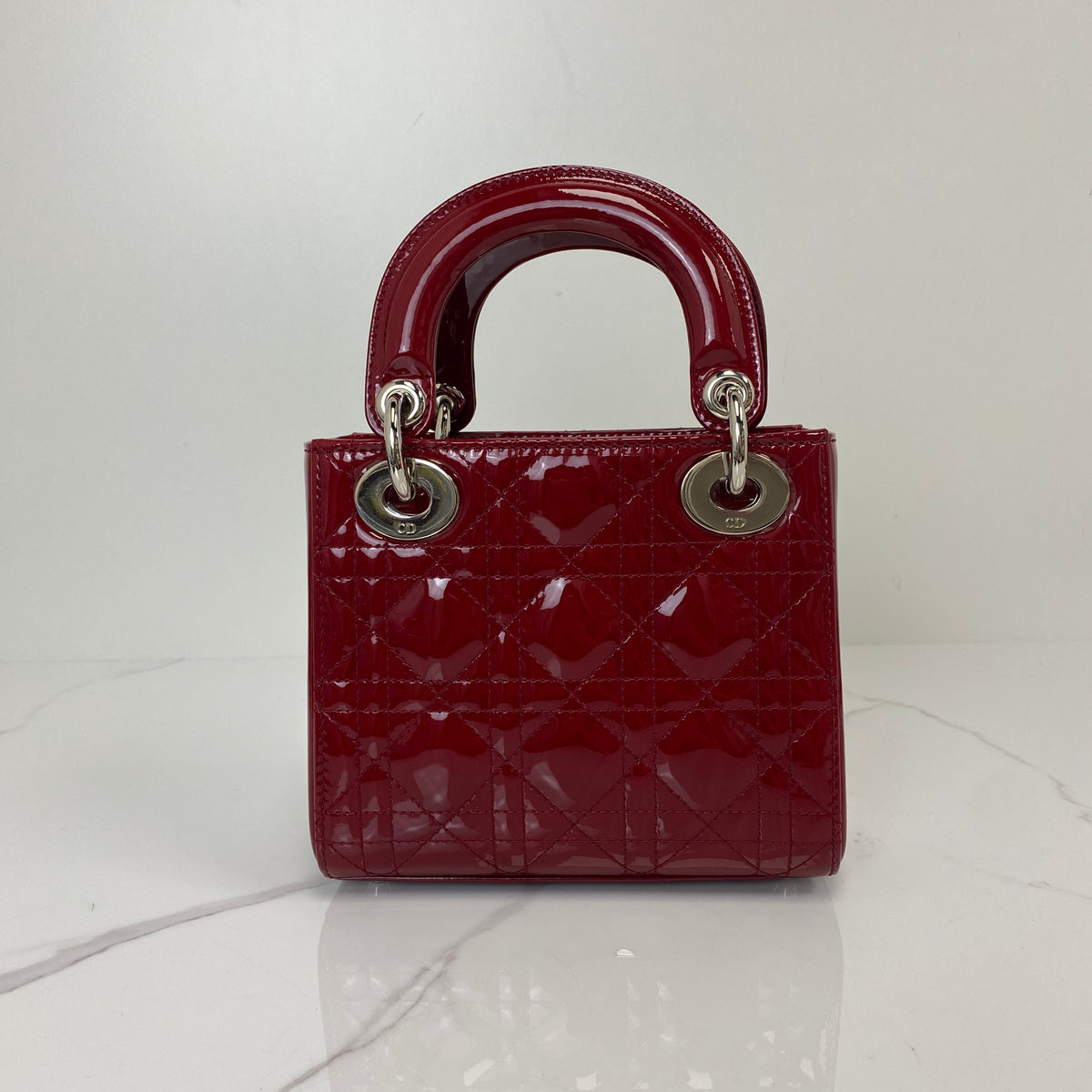 Christian Dior Mini Lady Dior Bag, cherry red patent Cannage calfskin, silver-tone hardware — detail view 2