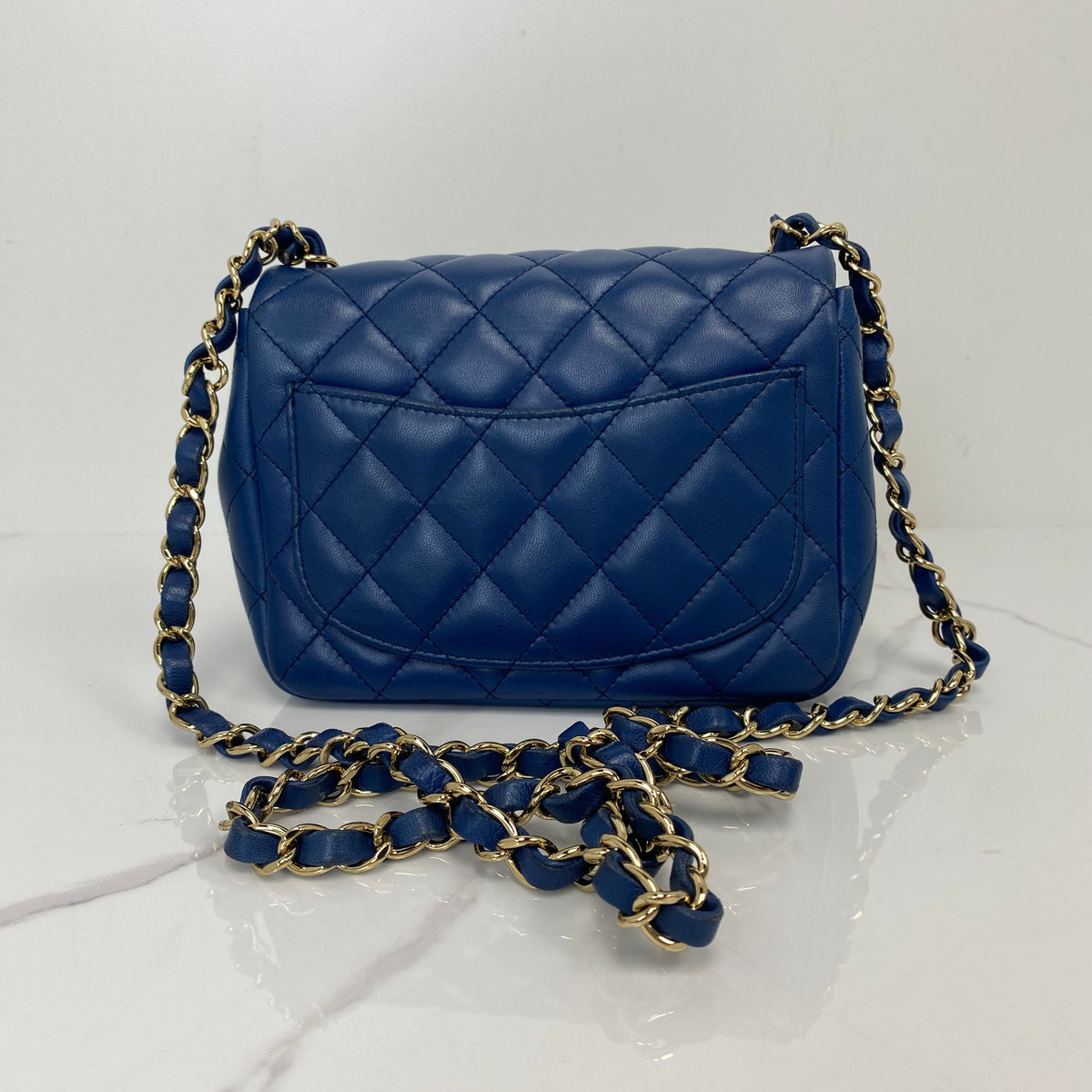 Chanel Classic Mini Square Flap Bag, blue lambskin, gold-tone hardware — detail view 3