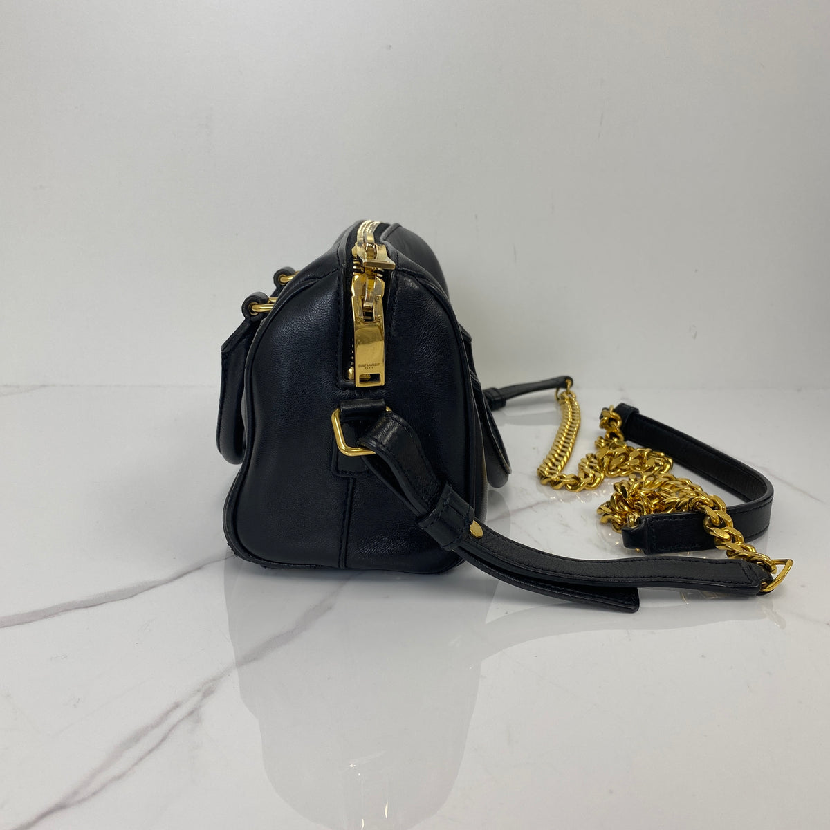 Saint Laurent Mini Duffle Bag Black, Black Calfskin, Gold Tone — detail view 2