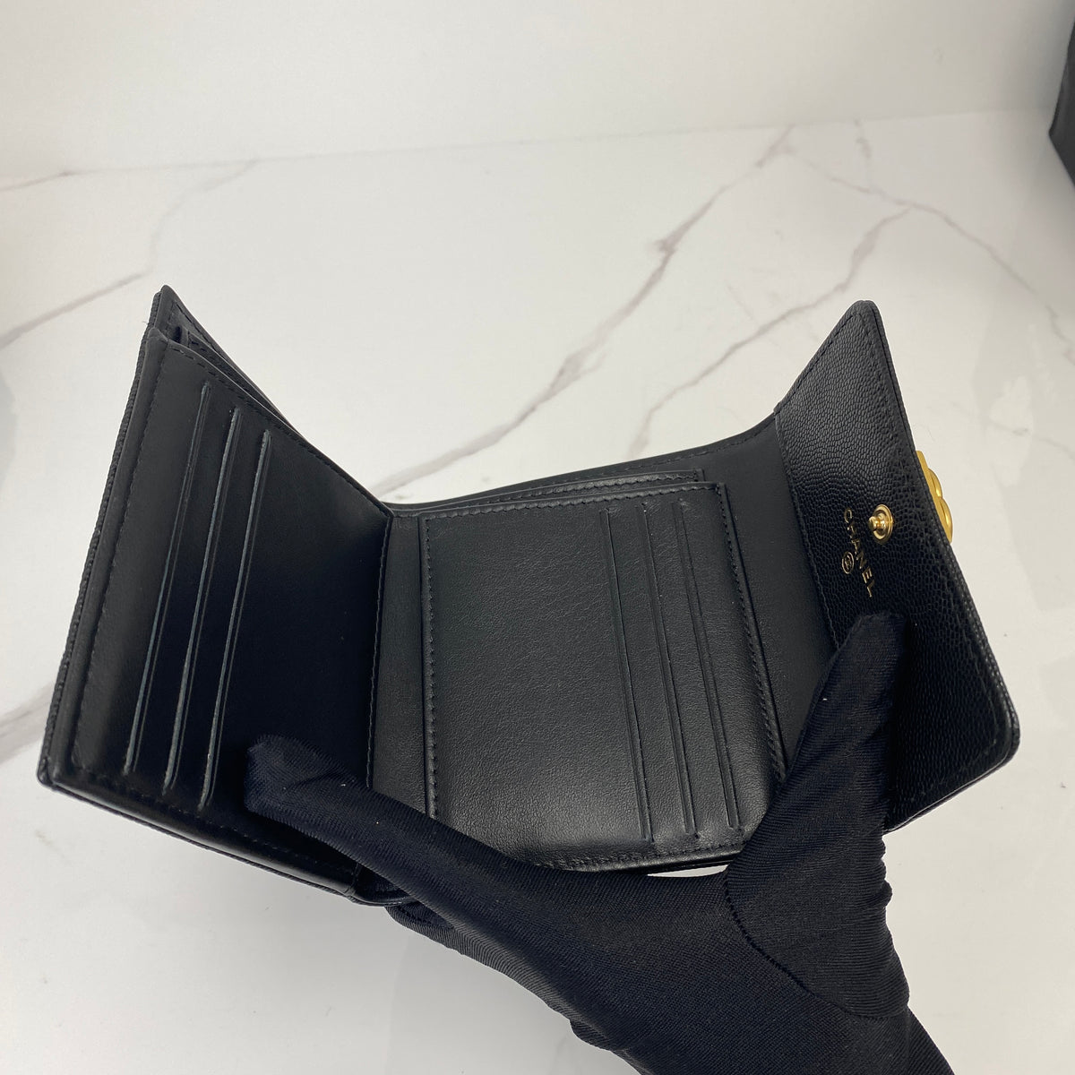 Chanel Boy Small Flap Wallet Black Grained Calfskin, Black Shiny Grained Calfskin, Gold Tone — detail view 5