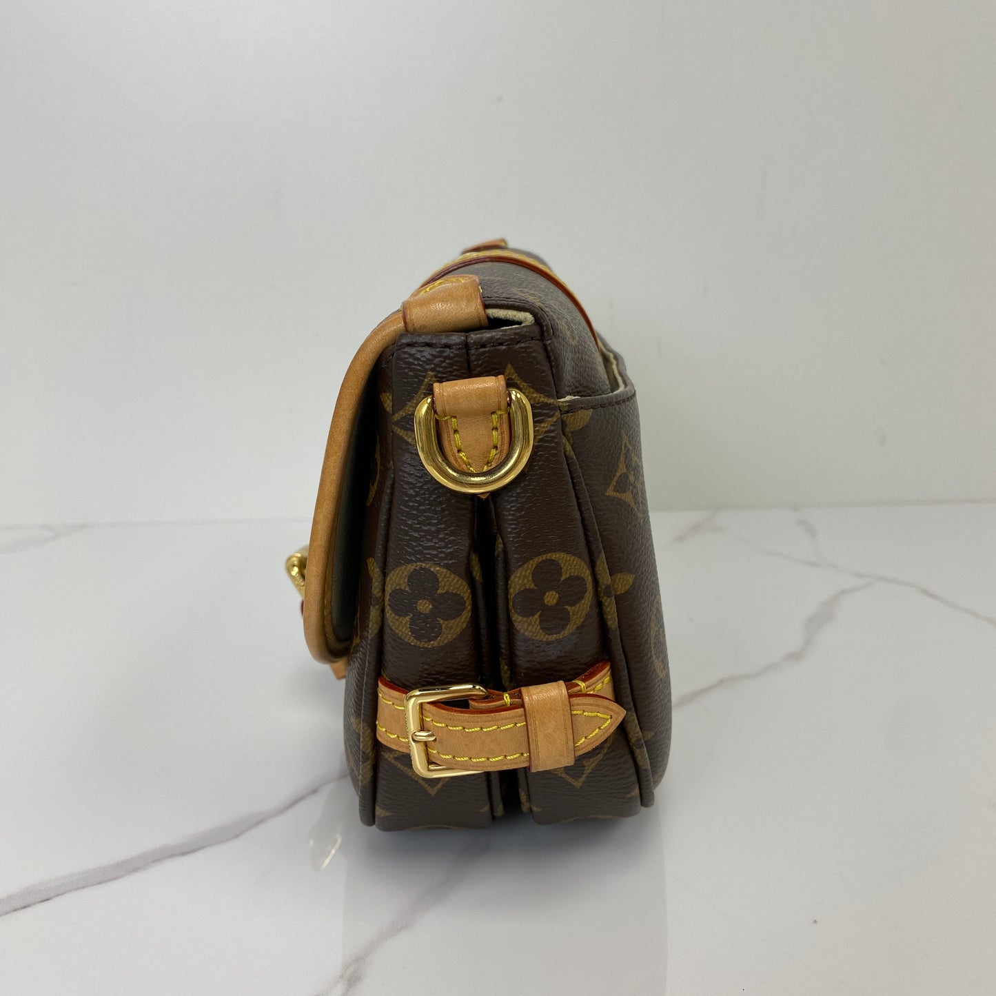 Side profile of the Louis Vuitton Saumur BB showing the saddle silhouette