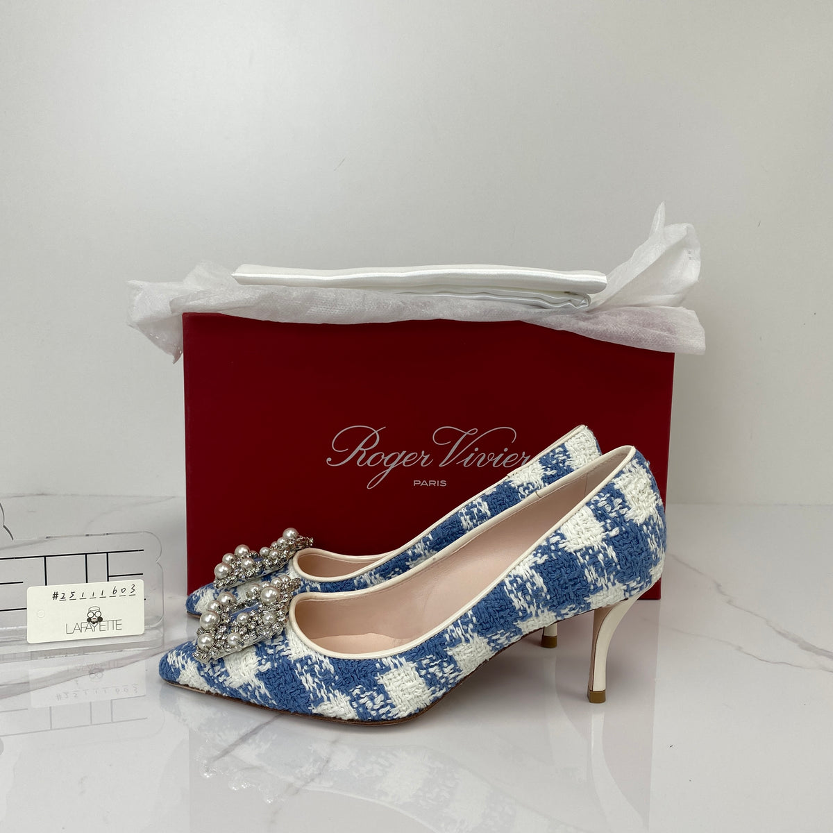 Roger Vivier Flower Strass Pumps, blue and white tweed, crystal buckle — detail view 1