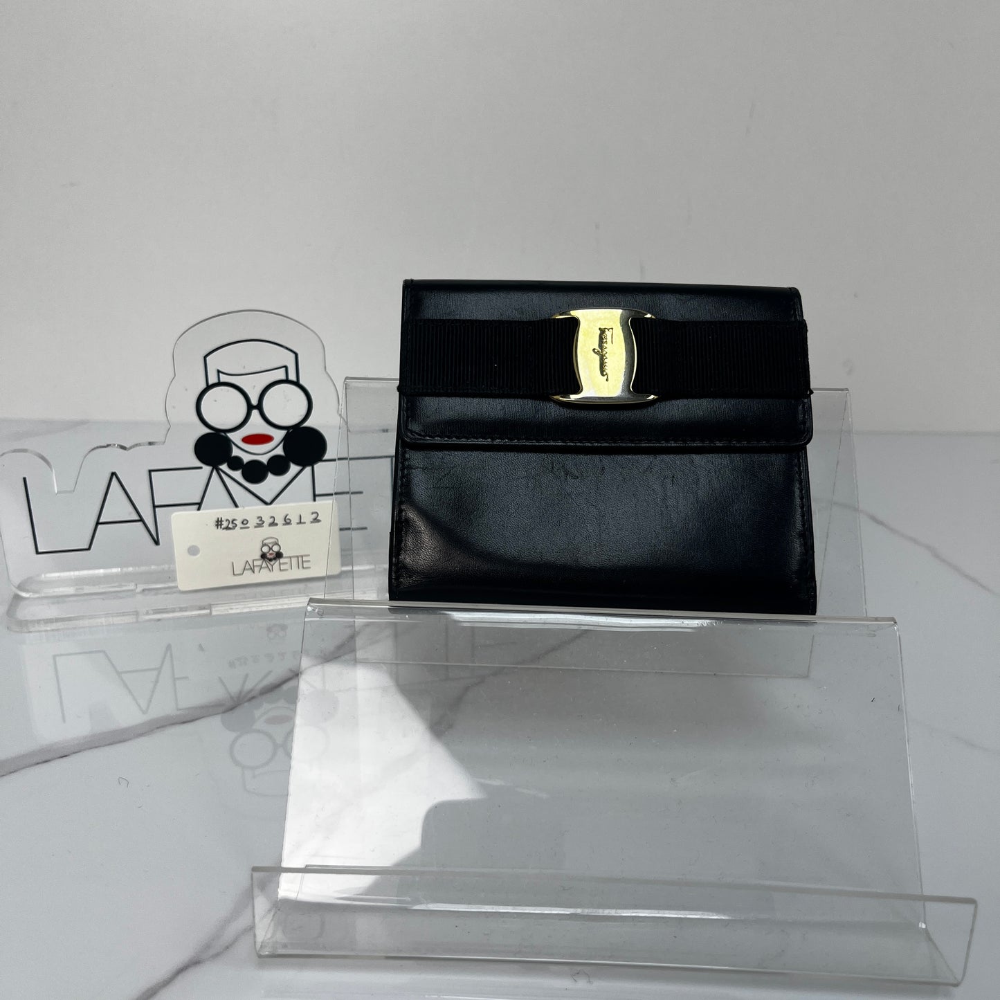 Salvatore Ferragamo Vara Bow Wallet, black calfskin, antique gold-tone Vara bow — detail view 1