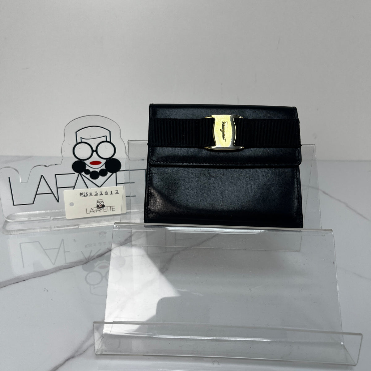 Salvatore Ferragamo Vara Bow Wallet, black calfskin, antique gold-tone Vara bow — detail view 1