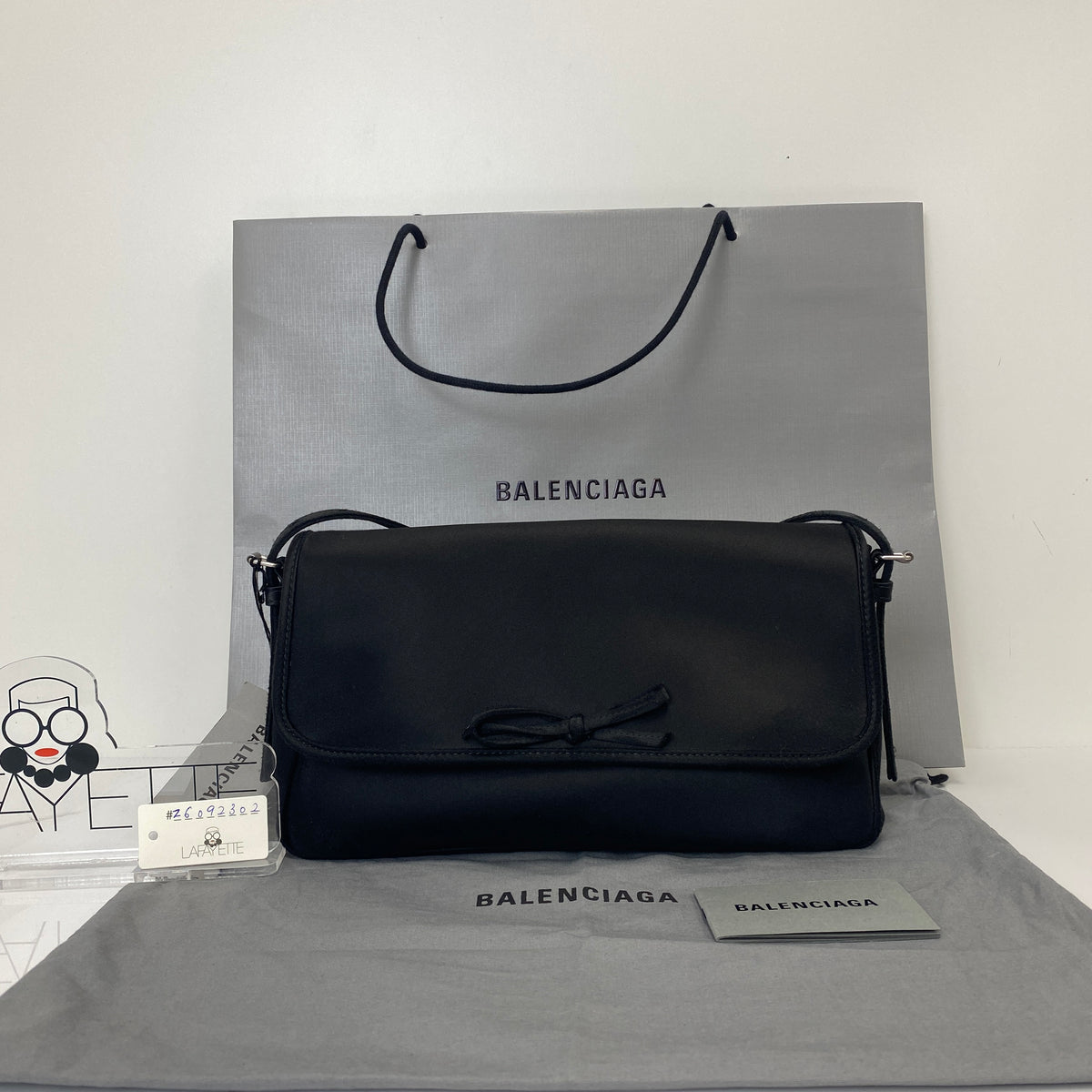 Balenciaga Leopolda Pochette Black, Black Distressed Satin, Silver Tone — detail view 1