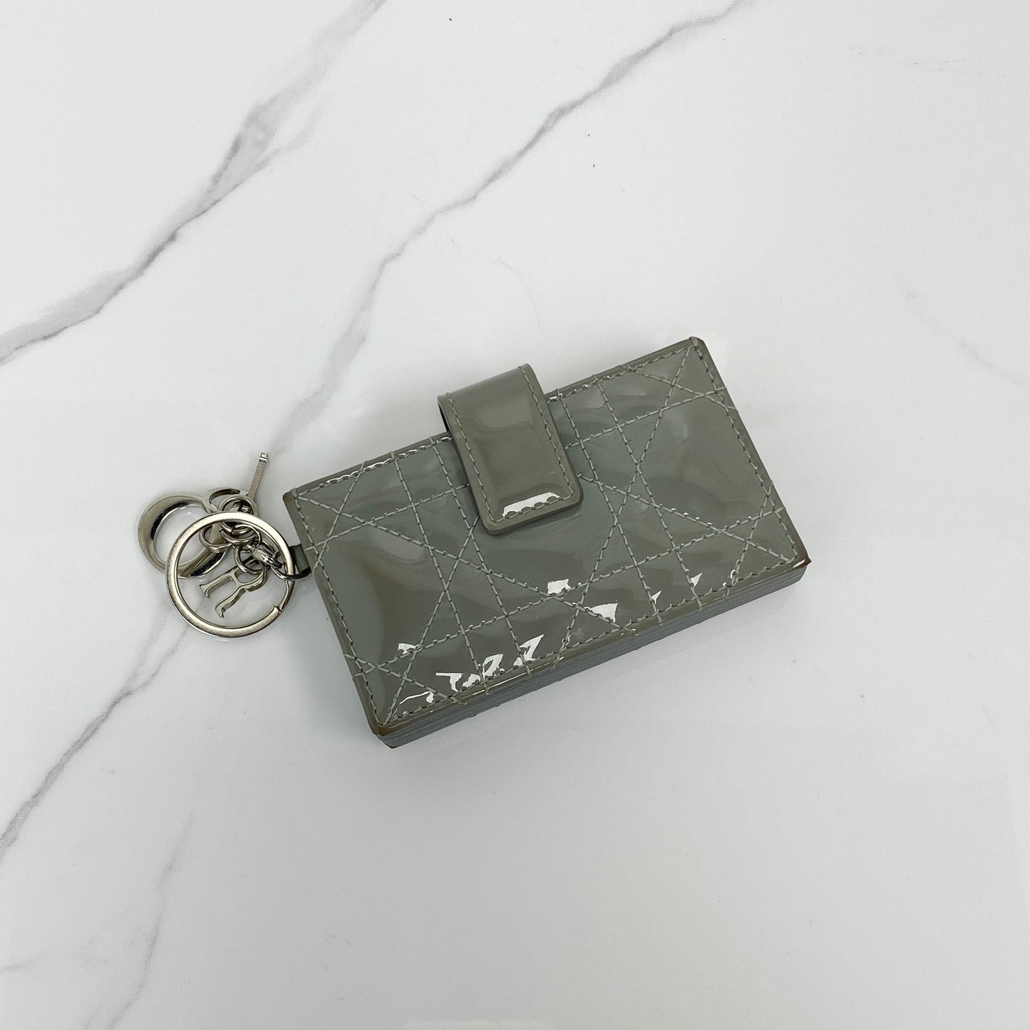 Christian Dior Lady Dior Jasmine Card Holder in grey patent calfskin