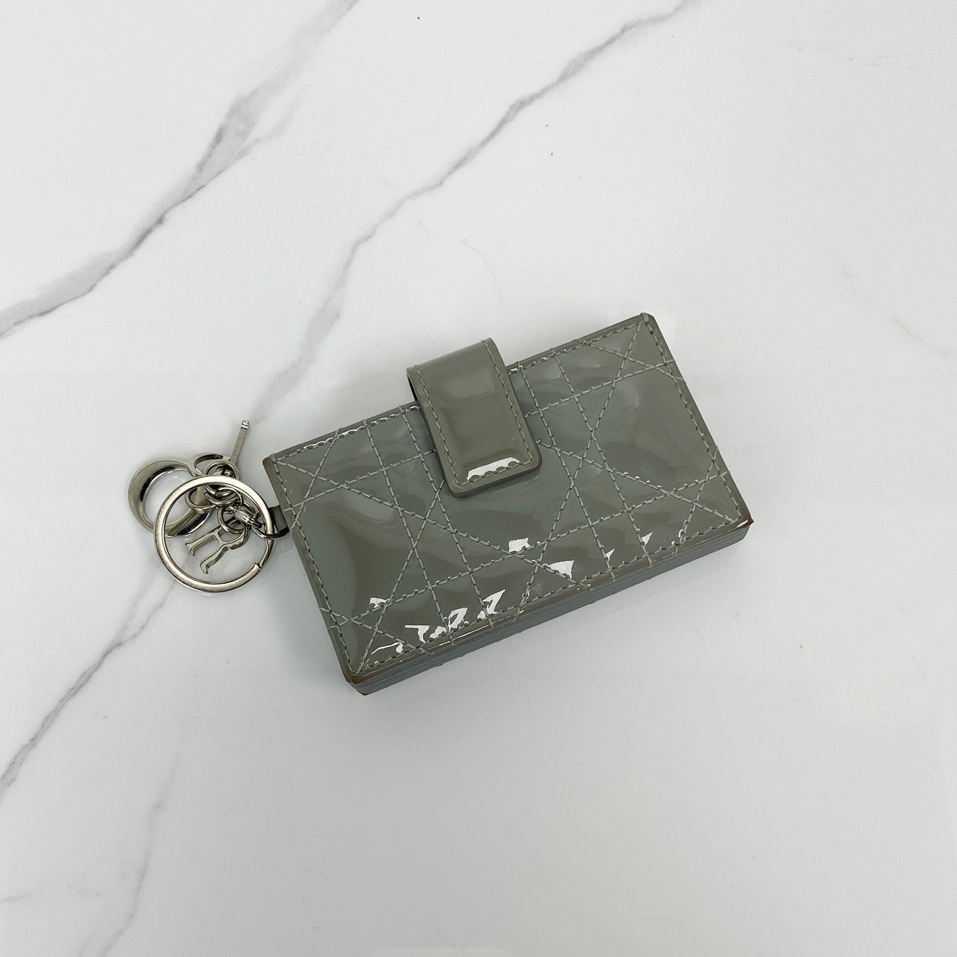 Christian Dior Lady Dior Jasmine Card Holder in grey patent calfskin