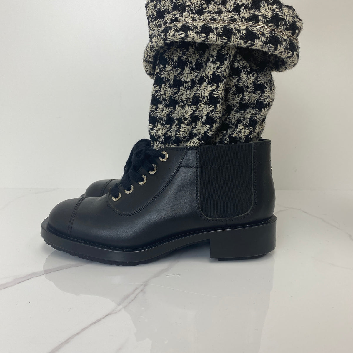 Chanel Tweed Lace-Up Chain Detail Boots - Size 37 - photo 3