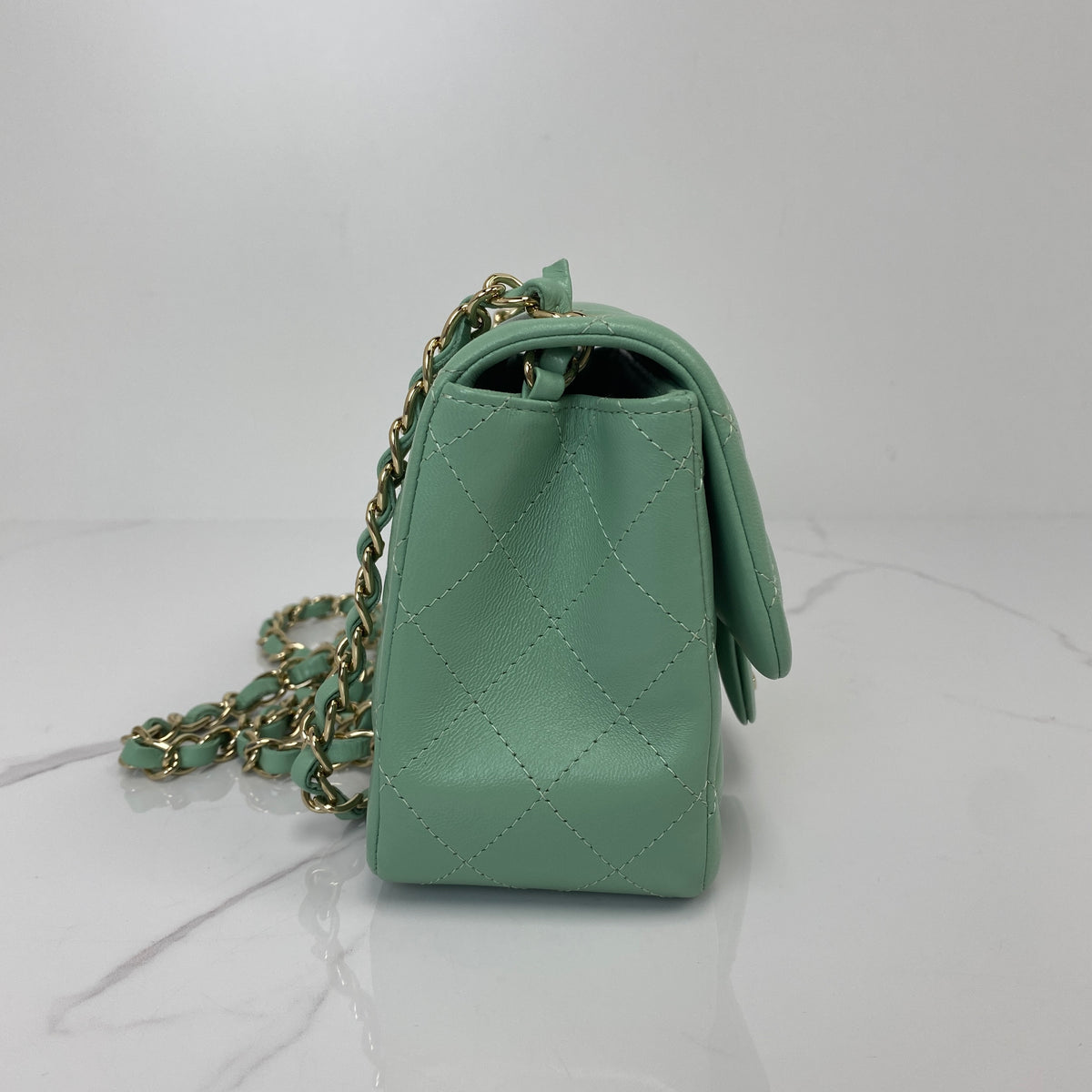 Chanel Classic Mini Flap Bag, mint green lambskin, gold-tone hardware — detail view 2