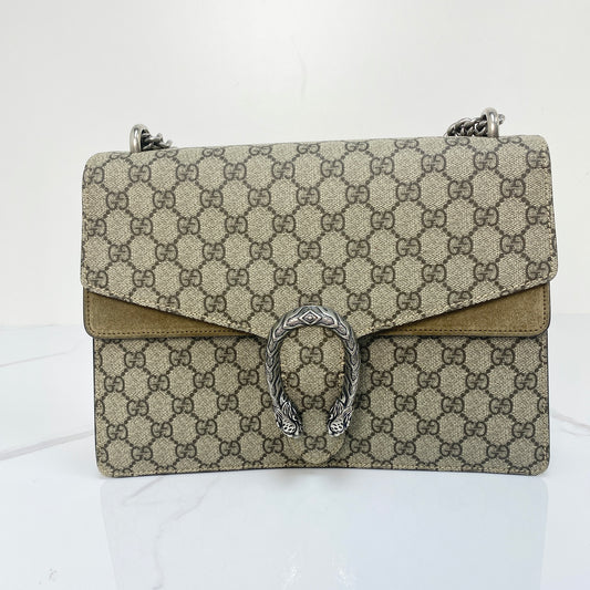 Gucci Dionysus Shoulder Bag, GG monogram, antique silver-tone hardware — front view