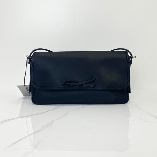 Balenciaga Leopolda Pochette Black, Black Distressed Satin, Silver Tone — front view