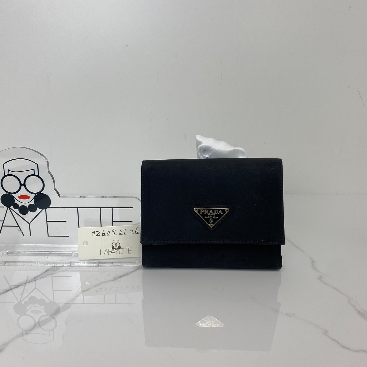 Prada Tessuto Compact Wallet, black Tessuto nylon, silver-tone triangle logo — detail view 1