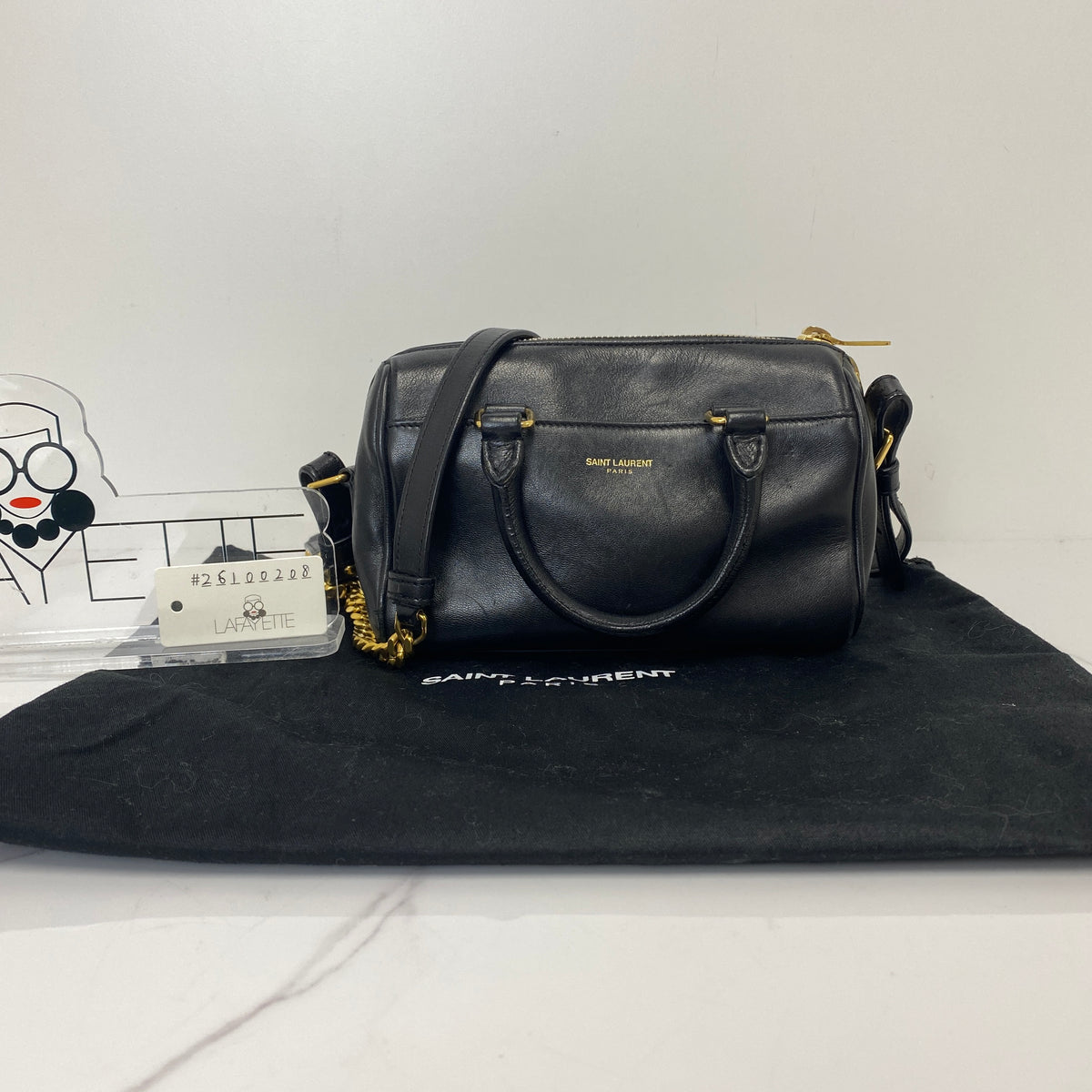 Saint Laurent Mini Duffle Bag Black, Black Calfskin, Gold Tone — detail view 1