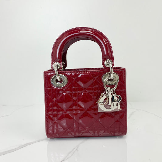 Christian Dior Mini Lady Dior Bag, cherry red patent Cannage calfskin, silver-tone hardware — front view