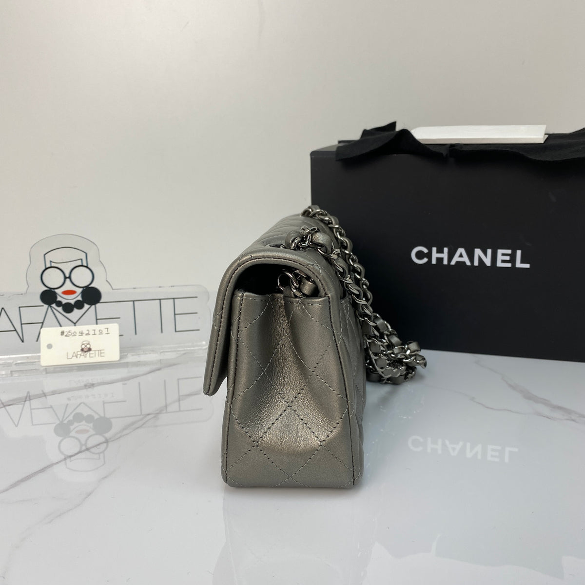 Chanel Mini Rectangular Flap, metallic grey goatskin, ruthenium hardware — detail view 2