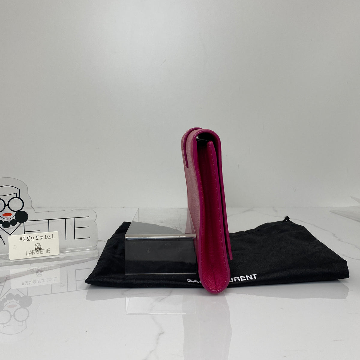 Saint Laurent Y Ligne Clutch, fuchsia pink calfskin, gold-tone Y closure — detail view 3