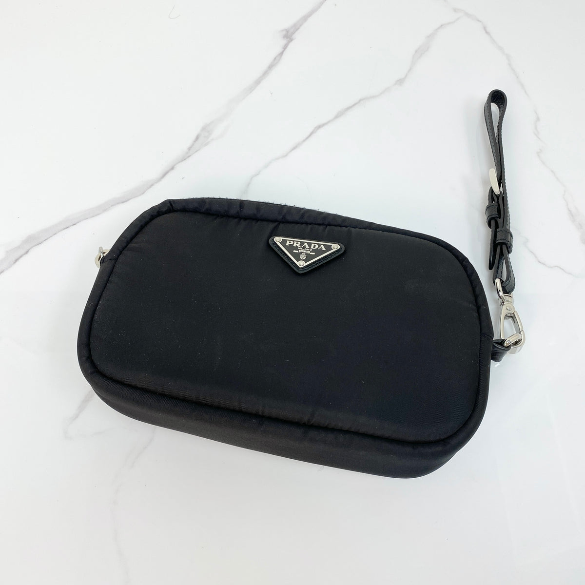 Prada Re-Nylon Pouch, black Re-Nylon, silver-tone hardware — front view