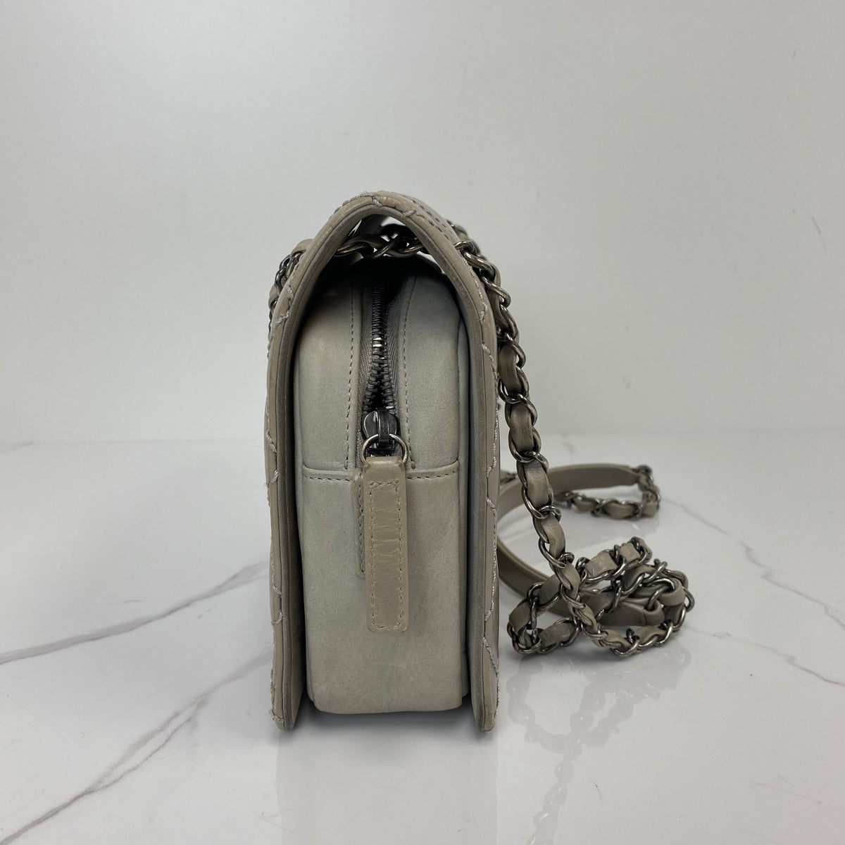 Chanel Day Trip Flap, grey glazed calfskin, antique silver-tone hardware — detail view 3