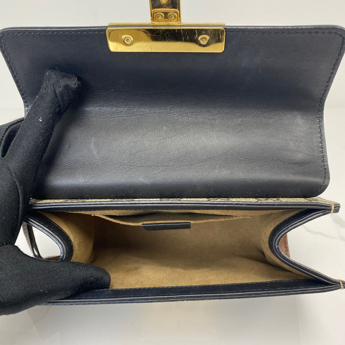 Gucci Padlock GG Supreme Shoulder Bag, black GG Supreme canvas, gold-tone padlock — detail view 4