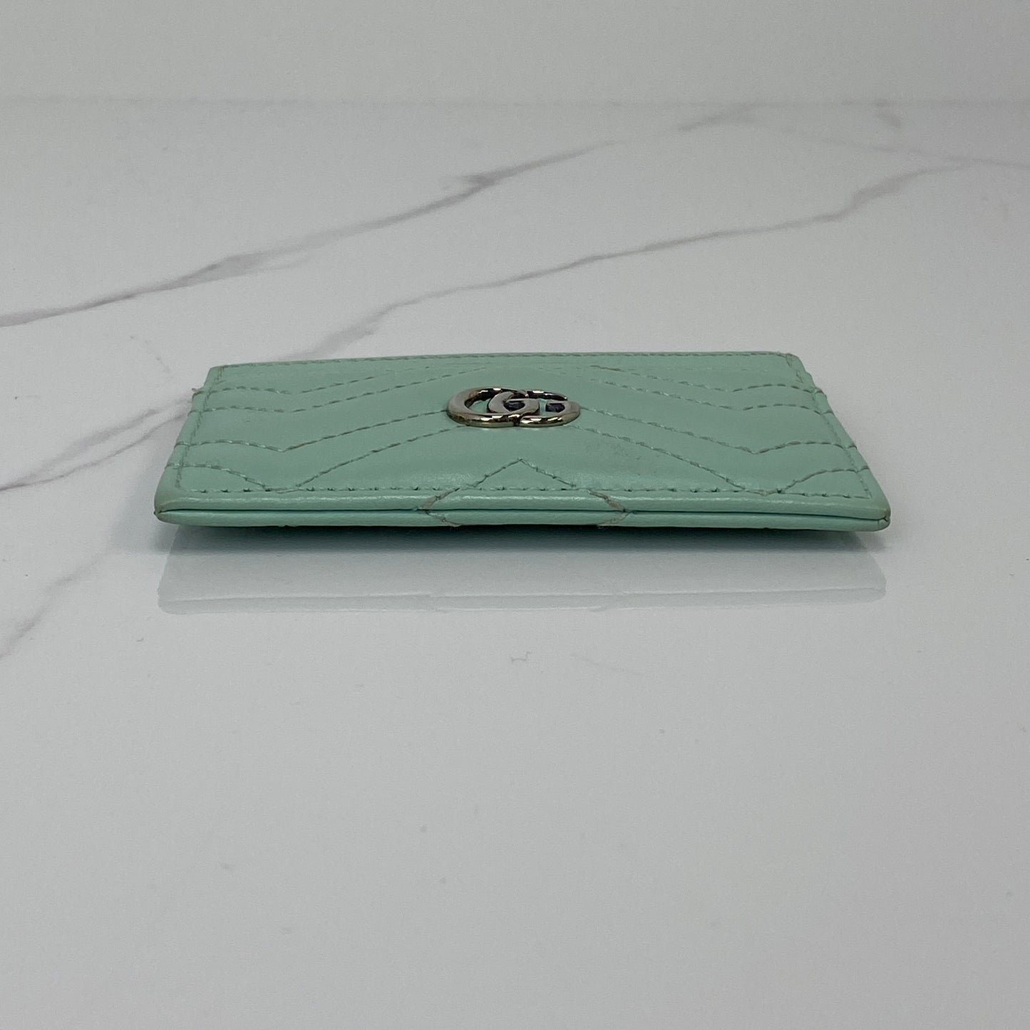 Gucci GG Marmont Card Case, light green calfskin, silver-tone hardware — detail view 4