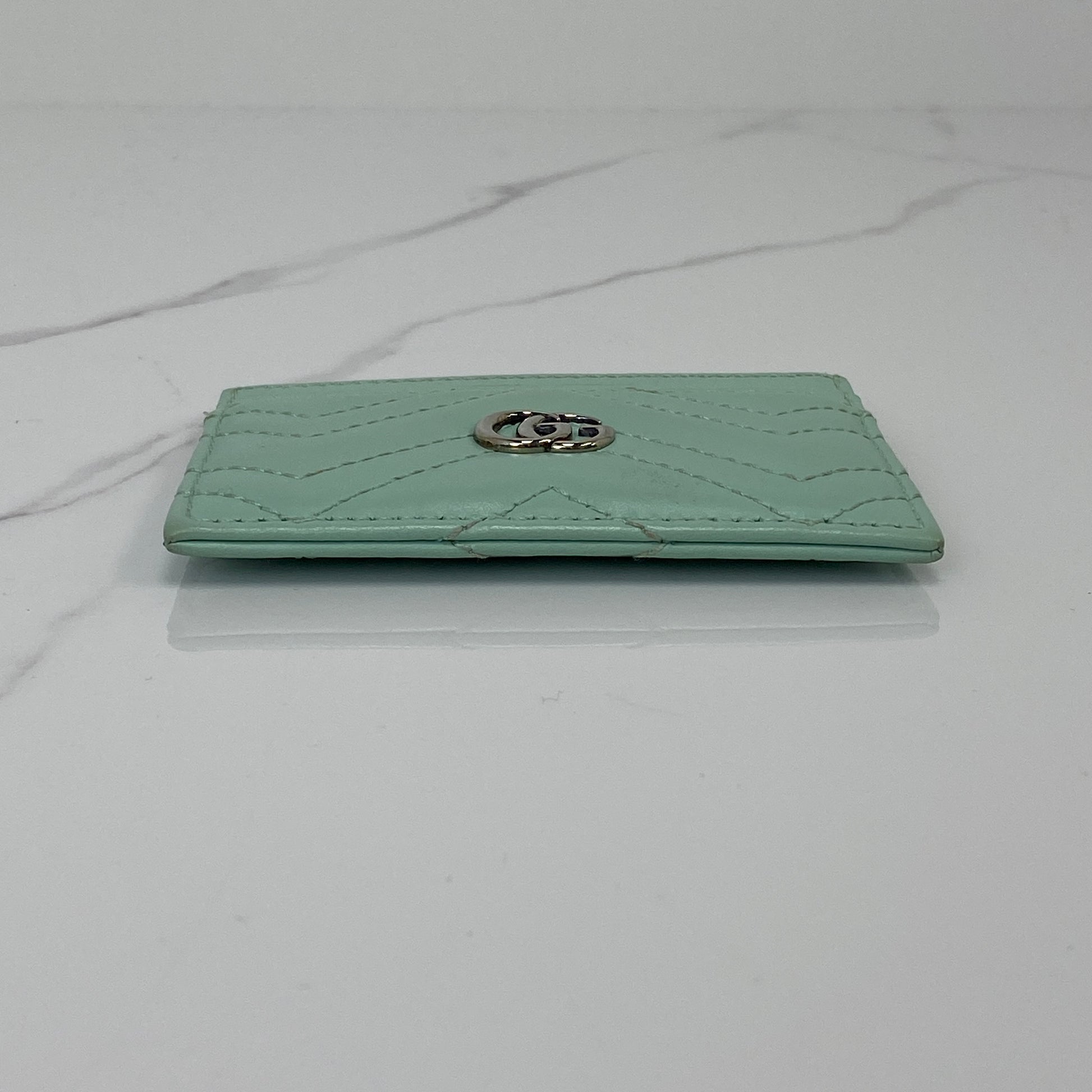 Gucci GG Marmont Card Case, light green calfskin, silver-tone hardware — detail view 4