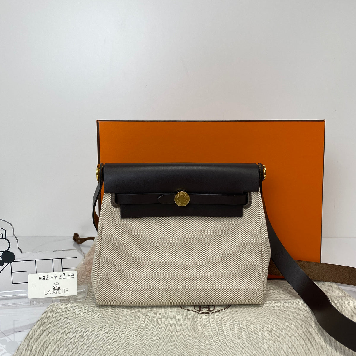 Hermès Mini Herbag, Ebene canvas and Swift calfskin, gold hardware — detail view 1