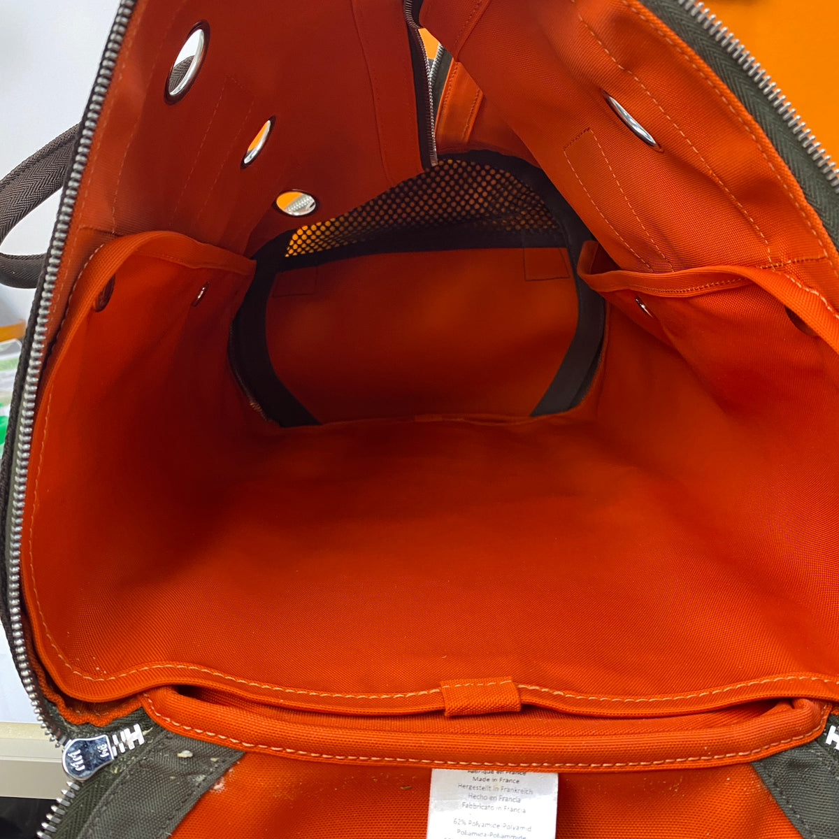 Hermès Carrying Bag for Dog, khaki and feu technical canvas, palladium hardware — detail view 6
