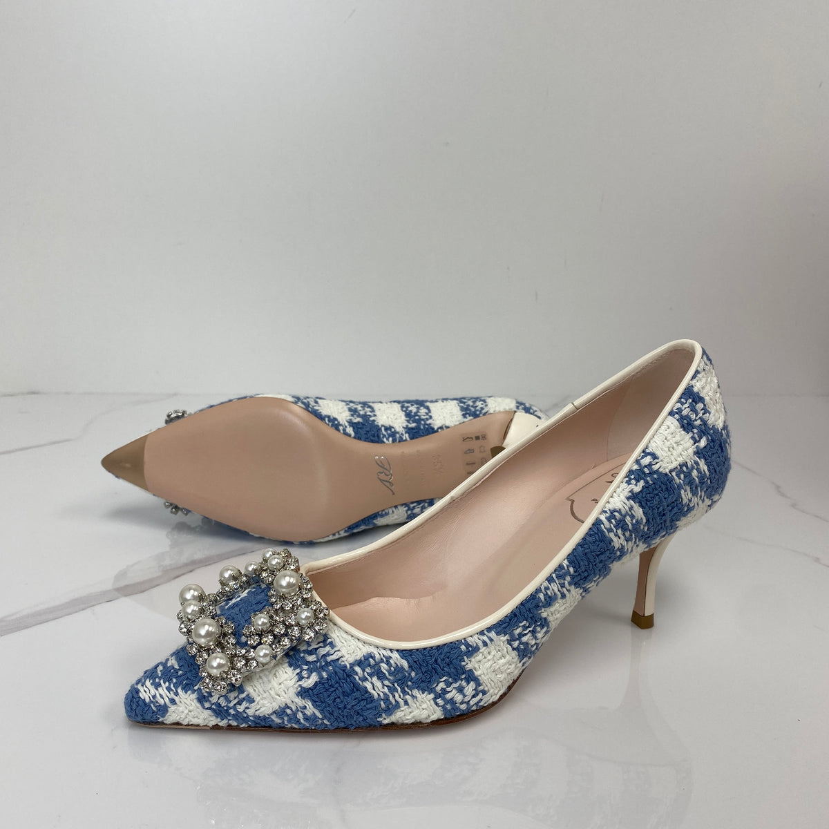 Roger Vivier Flower Strass Pumps, blue and white tweed, crystal buckle — detail view 5