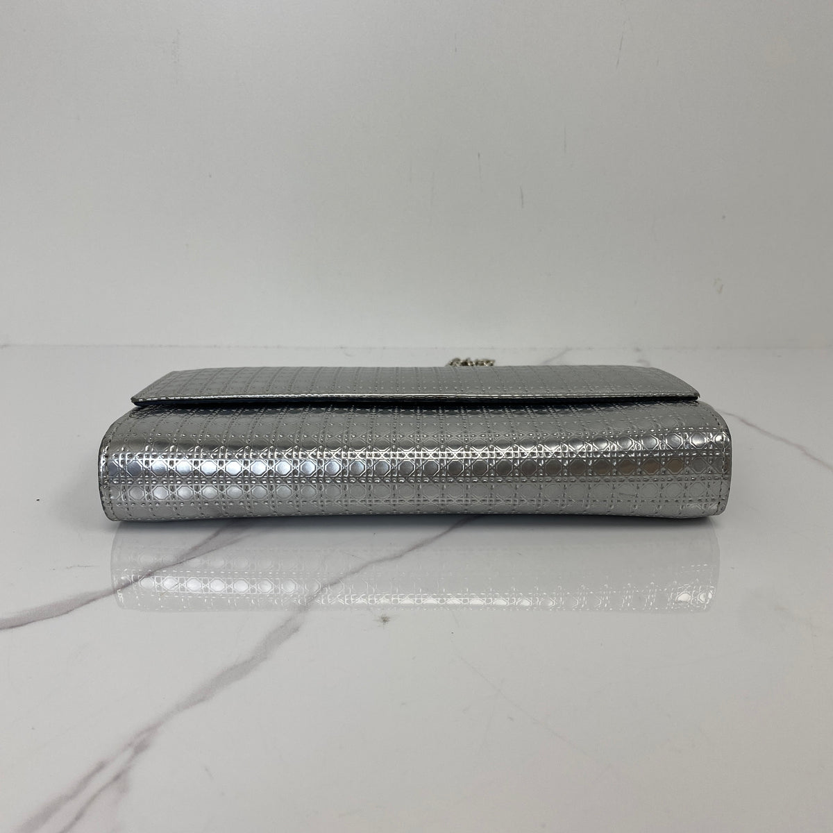 Christian Dior Micro Cannage Croisiere Wallet on Chain, metallic silver calfskin, silver-tone hardware — detail view 4