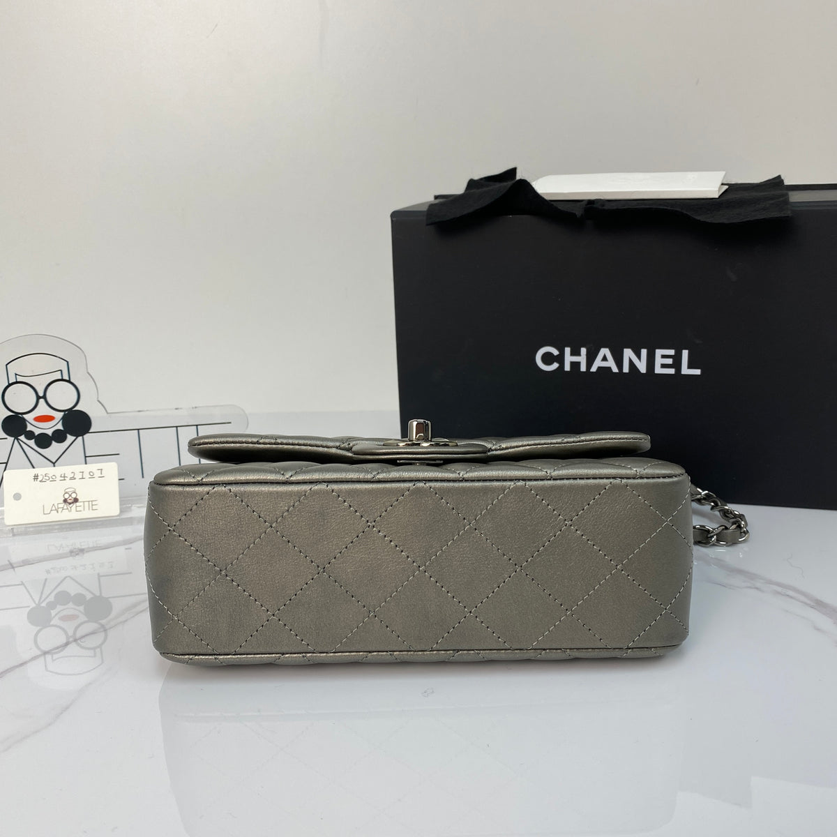 Chanel Mini Rectangular Flap, metallic grey goatskin, ruthenium hardware — detail view 5