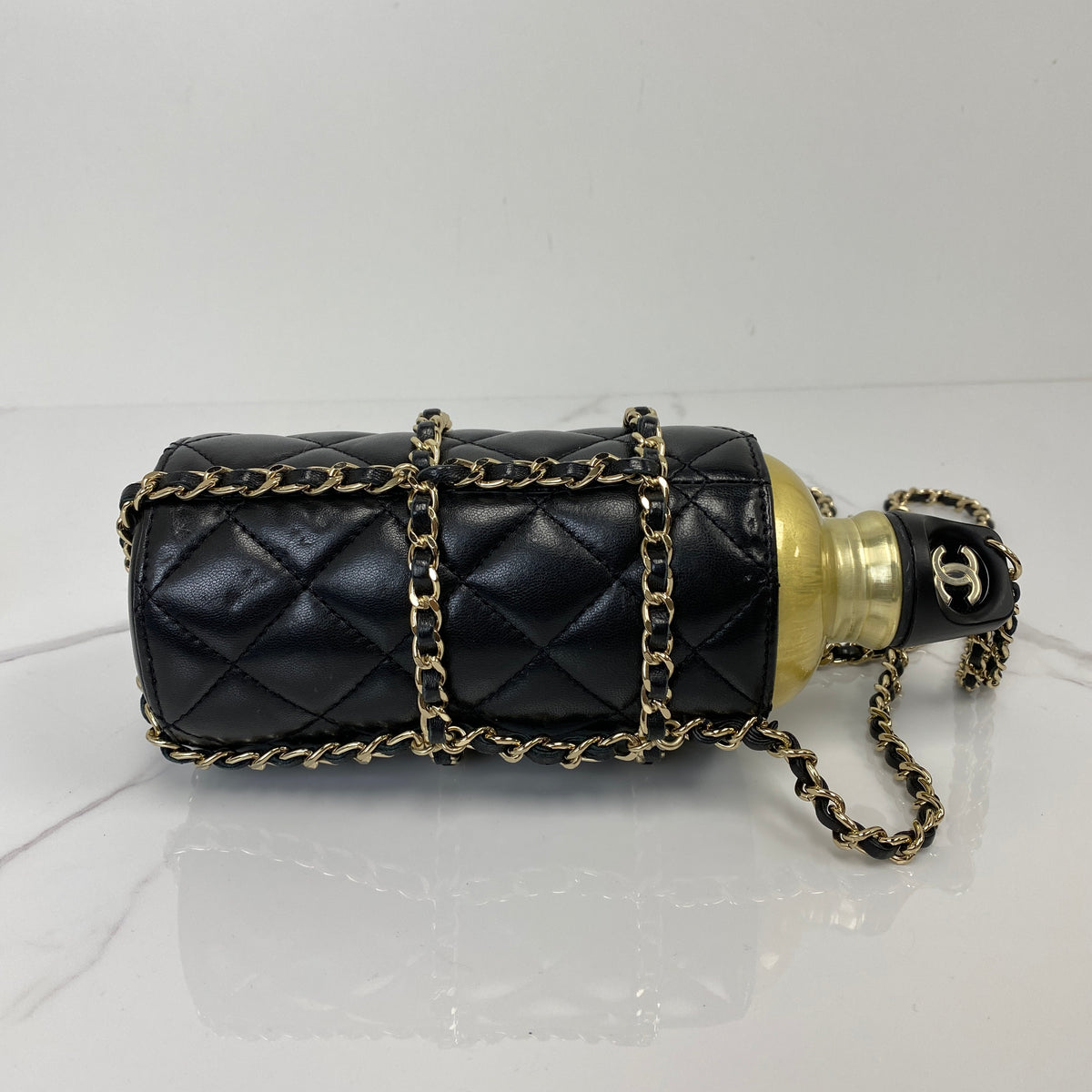 Chanel 2019 CC Water Bottle with Chain, black quilted lambskin, gold-tone chain — detail view 3