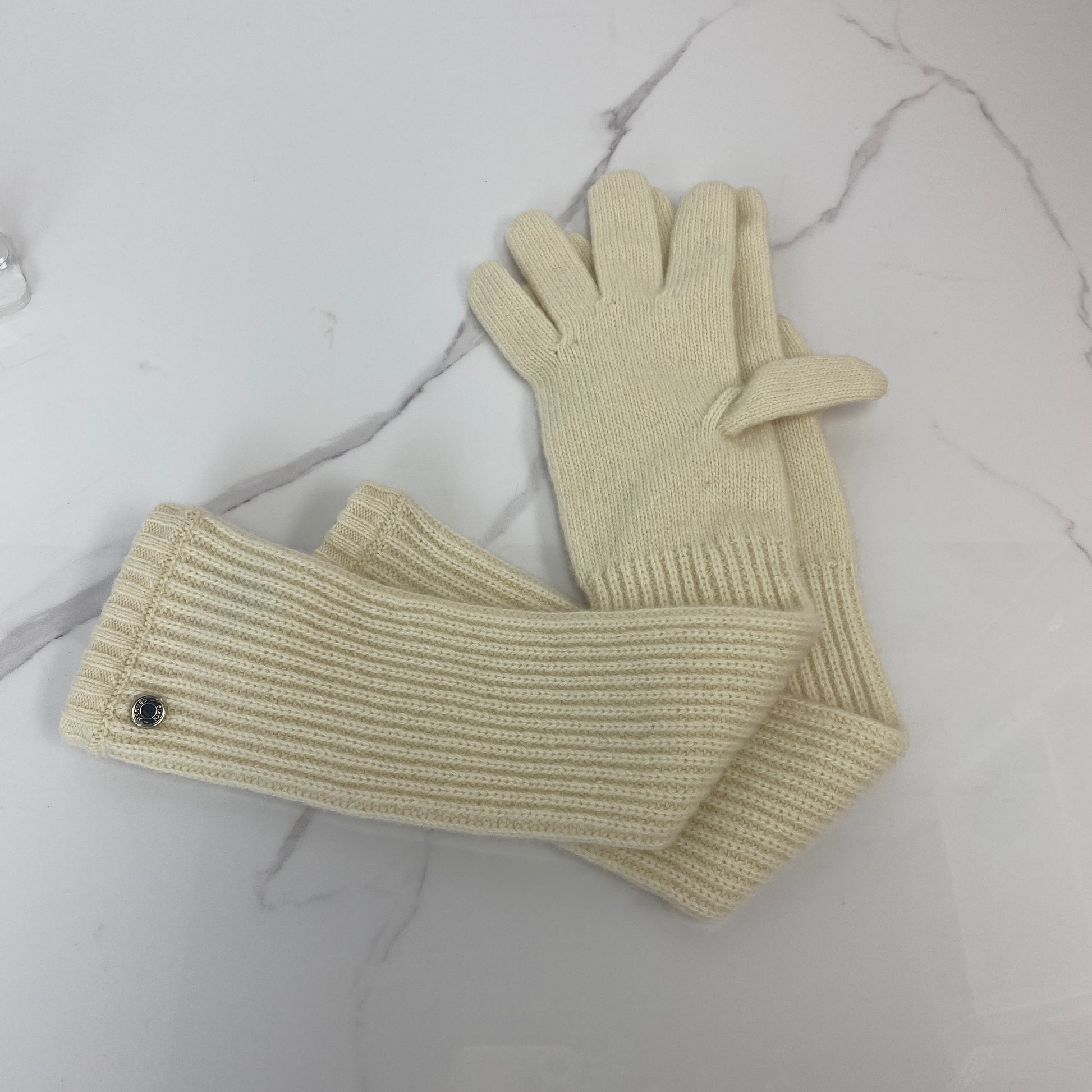Hermès Cashmere Long Gloves, natural cashmere, palladium detail — detail view 2