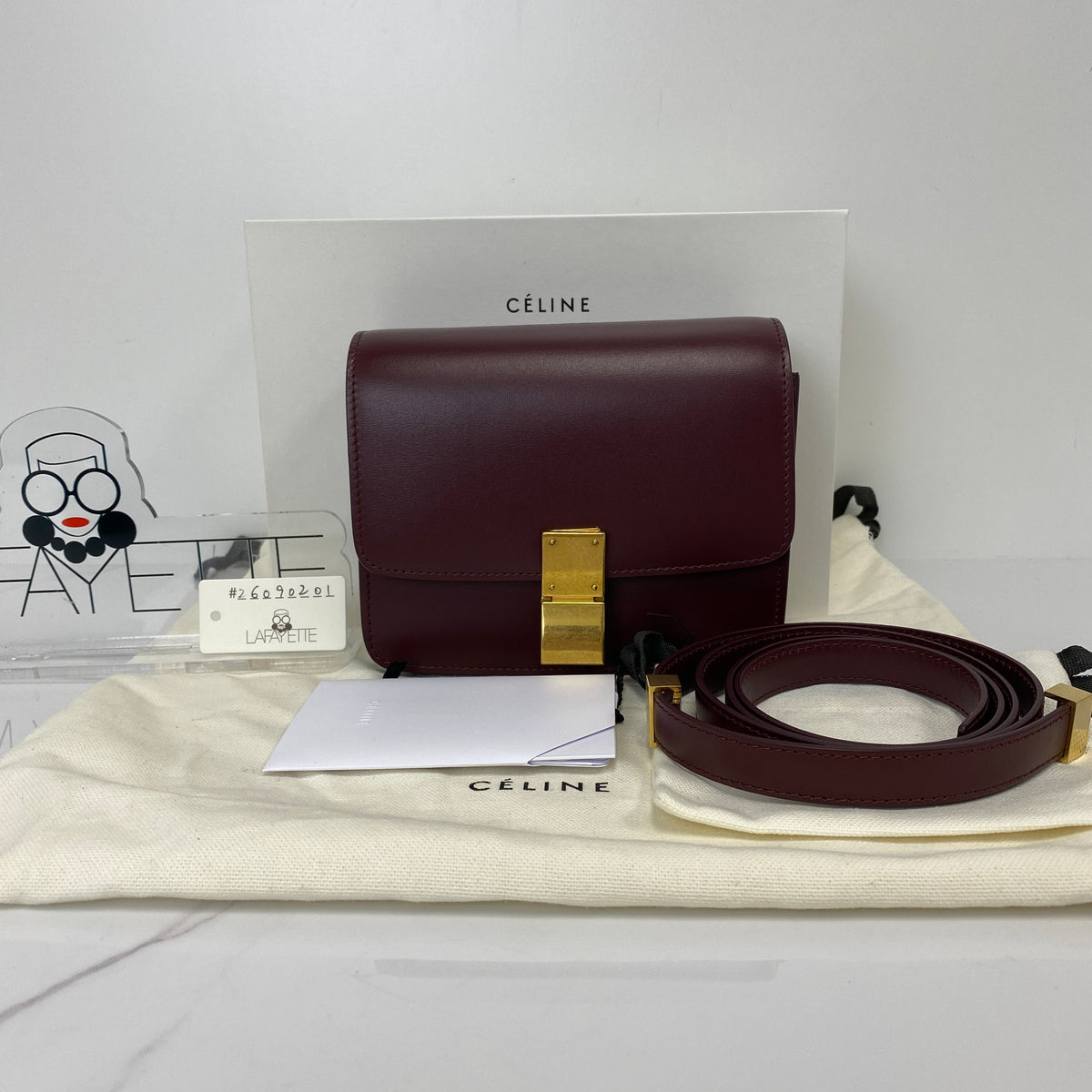 Celine Small Box, dark red calfskin, gold-tone hardware — detail view 1