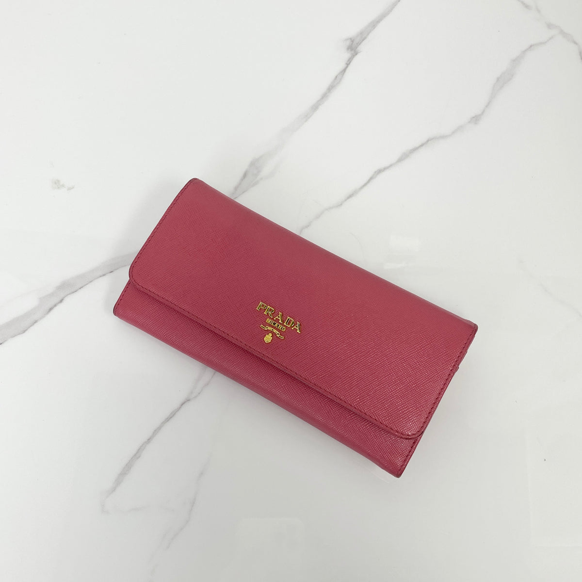 Prada Saffiano Lux Leather Wallet, pink Saffiano calfskin, gold-tone hardware — front view