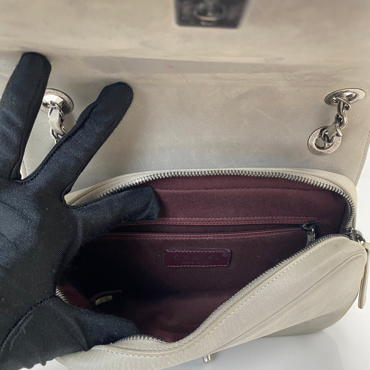 Chanel Day Trip Flap, grey glazed calfskin, antique silver-tone hardware — detail view 5