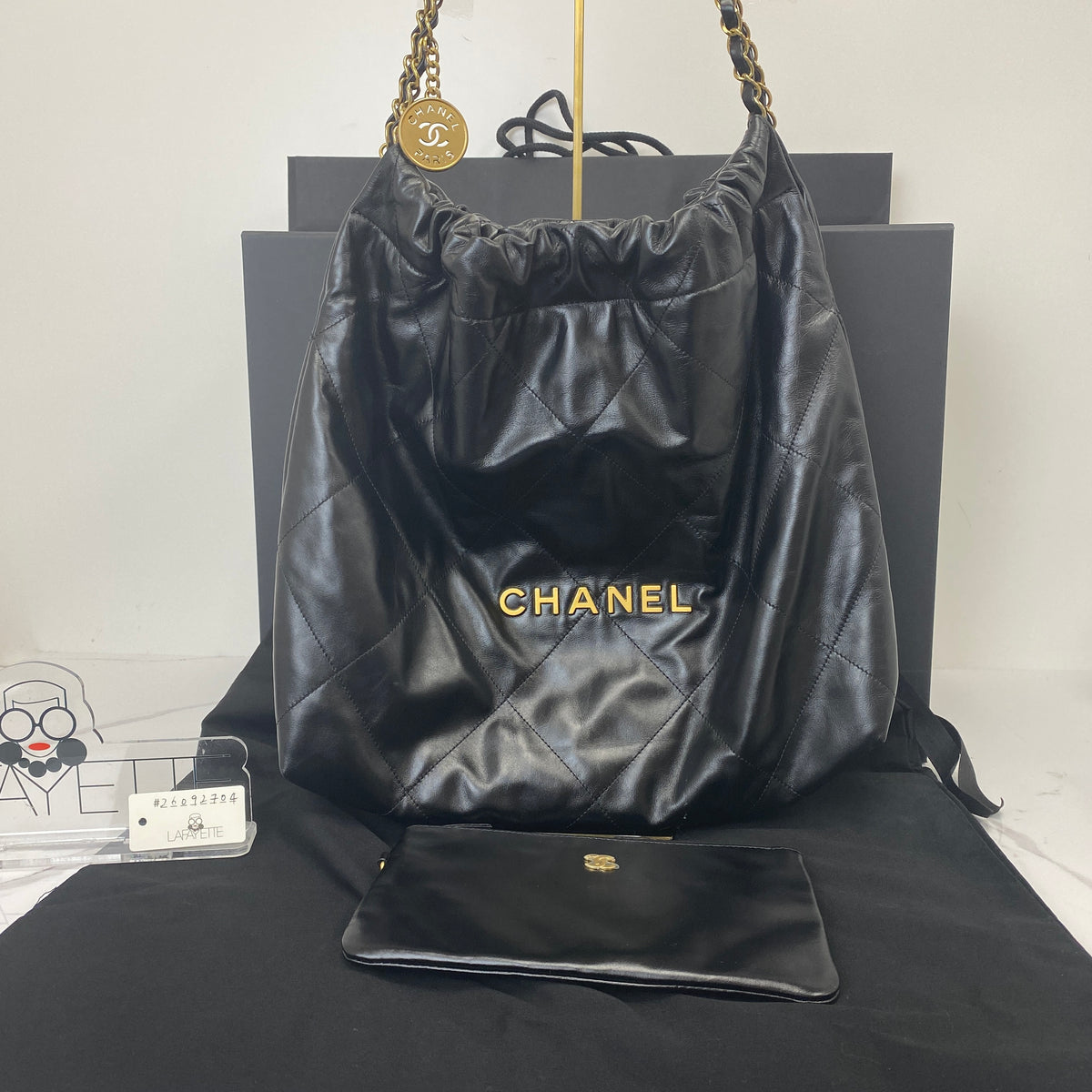 Chanel Small 22 Bag Black Shiny Calfskin, Black Shiny Calfskin, Gold Tone — detail view 1