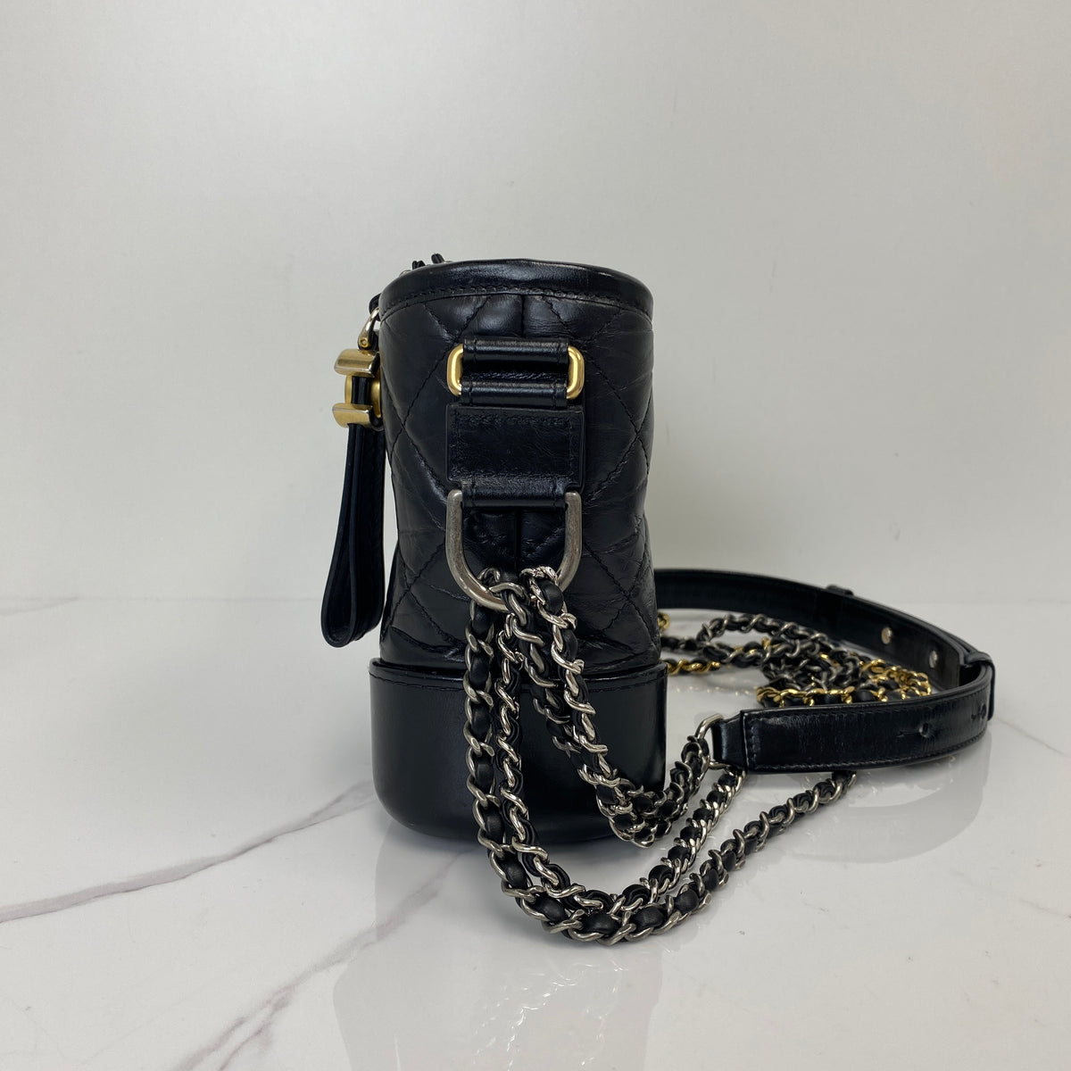 Chanel Small Gabrielle Hobo Bag Black Aged Calfskin, Black Aged Calfskin, Mixed Gold and Silver Tone — detail view 2
