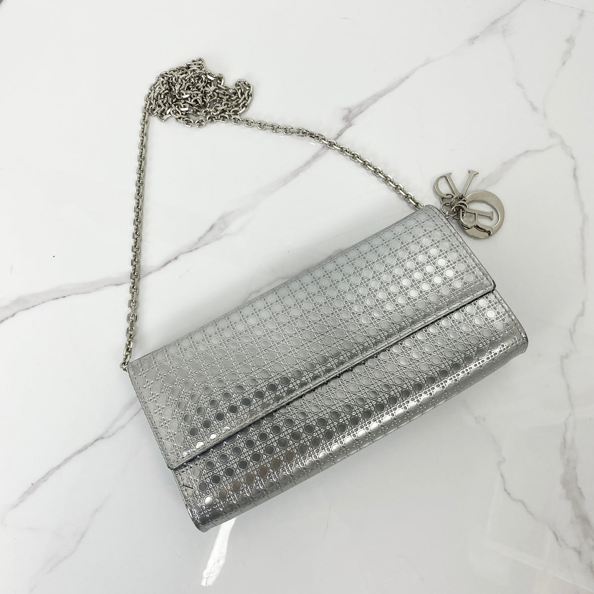 Christian Dior Micro Cannage Croisiere Wallet on Chain, metallic silver calfskin, silver-tone hardware — front view