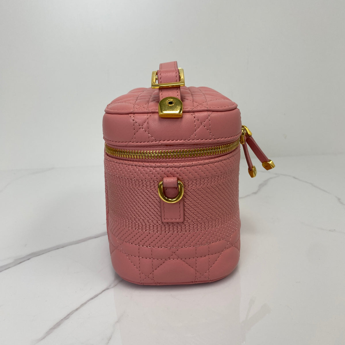 Christian Dior Small DiorTravel Vanity Case with Handle, pink Cannage lambskin, gold-tone hardware — detail view 2