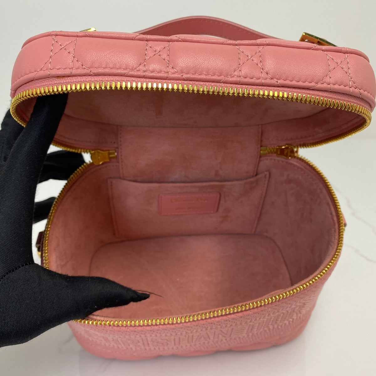 Christian Dior Small DiorTravel Vanity Case with Handle, pink Cannage lambskin, gold-tone hardware — detail view 5