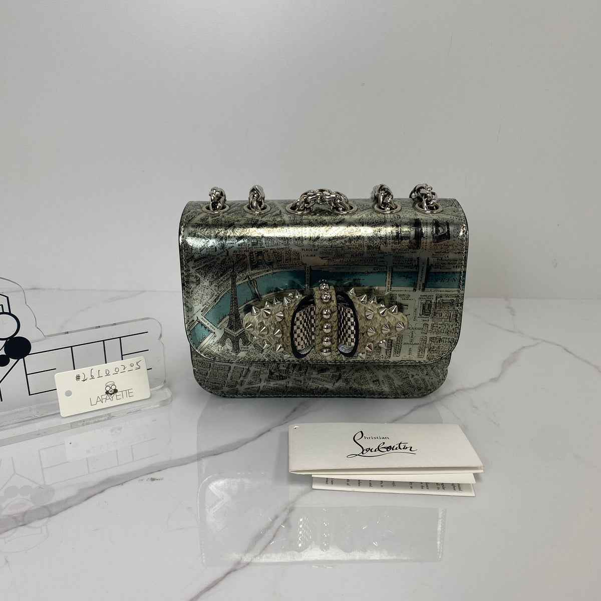 Christian Louboutin Sweet Charity Baby Paris Map Silver, Silver / Blue Patent Leather with Python Print Bow, Silver Tone — detail view 1
