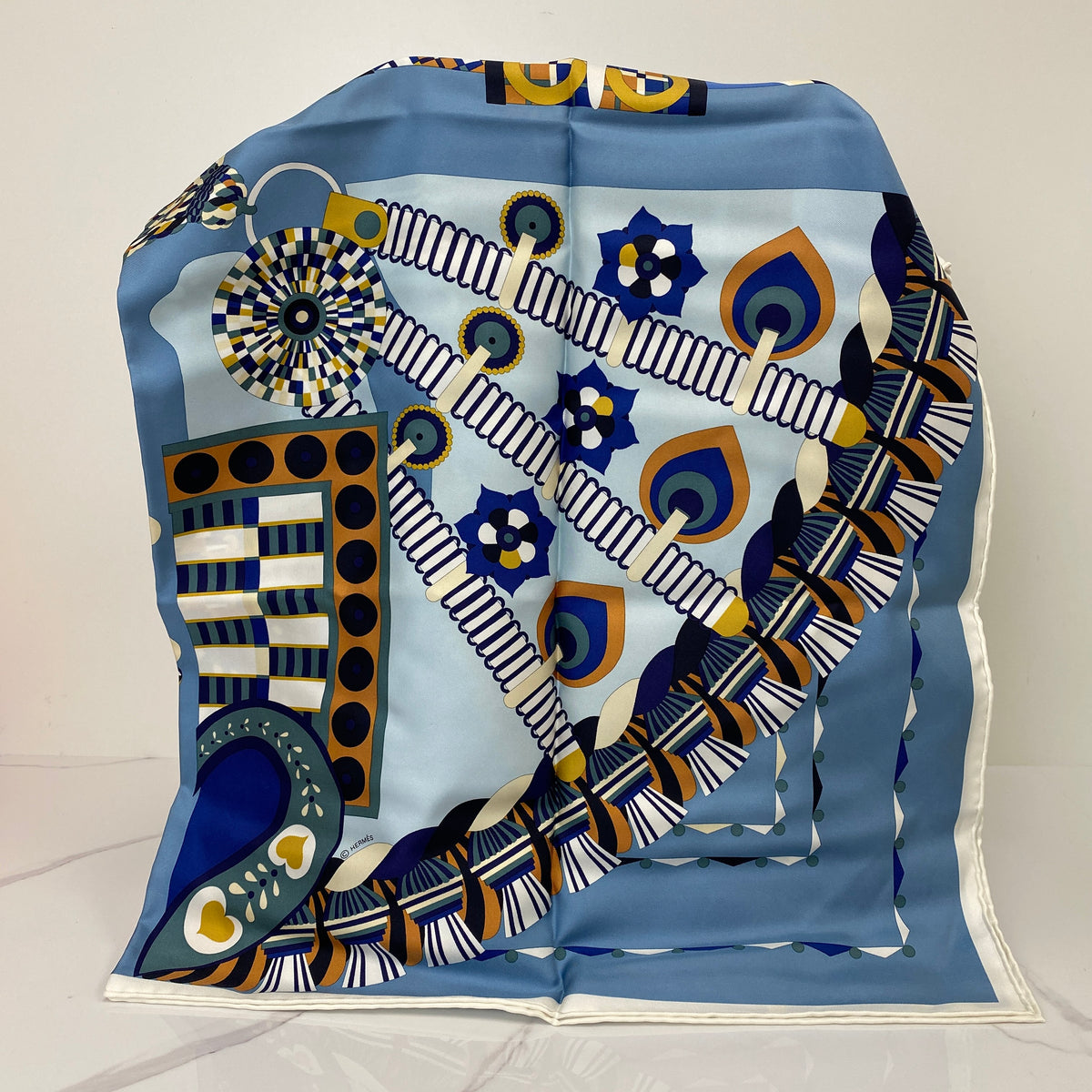 Hermès Haute Parure Scarf 90 Bleu — hand-rolled edge